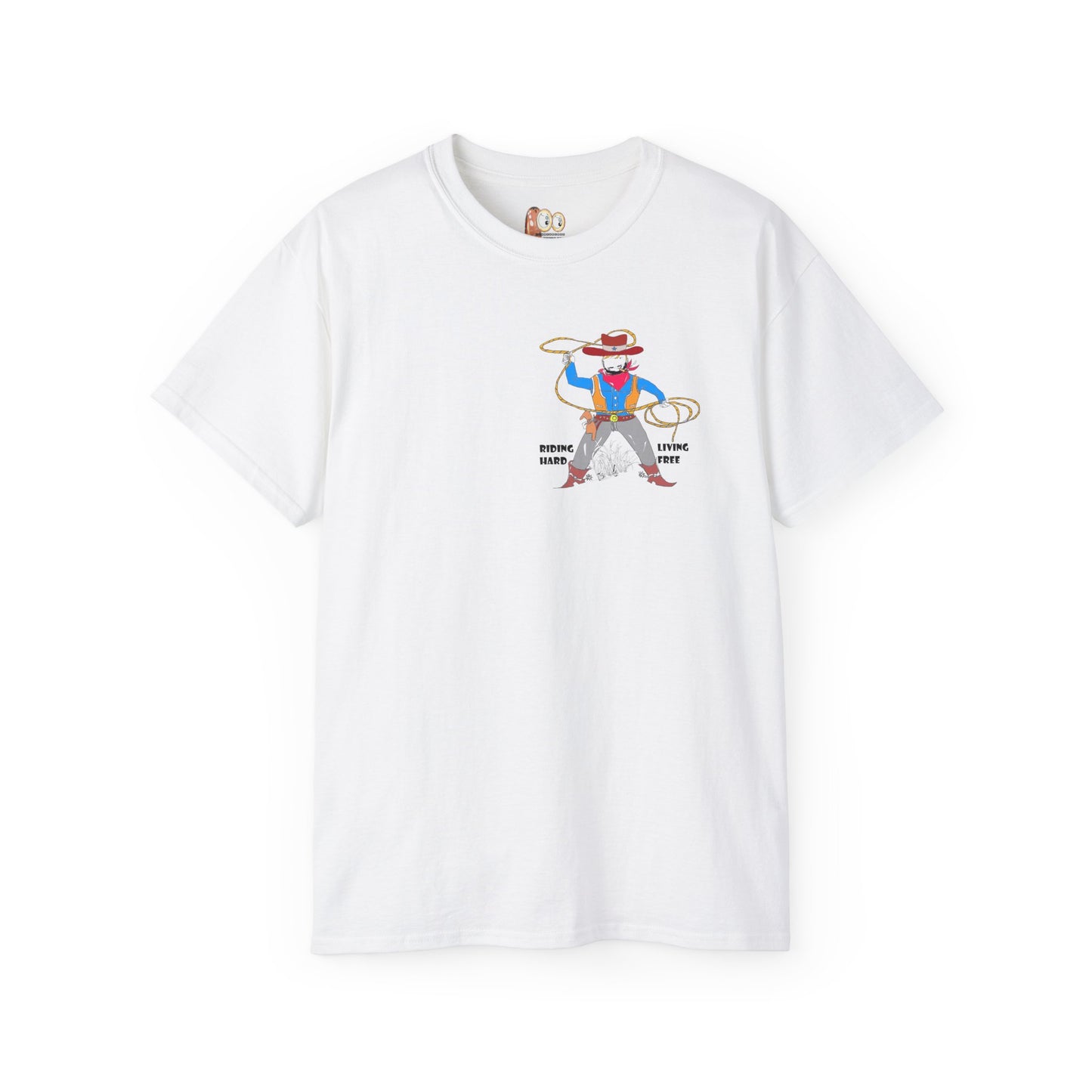 Front view of a white t-shirt with an American cowboy graphic design on a white background