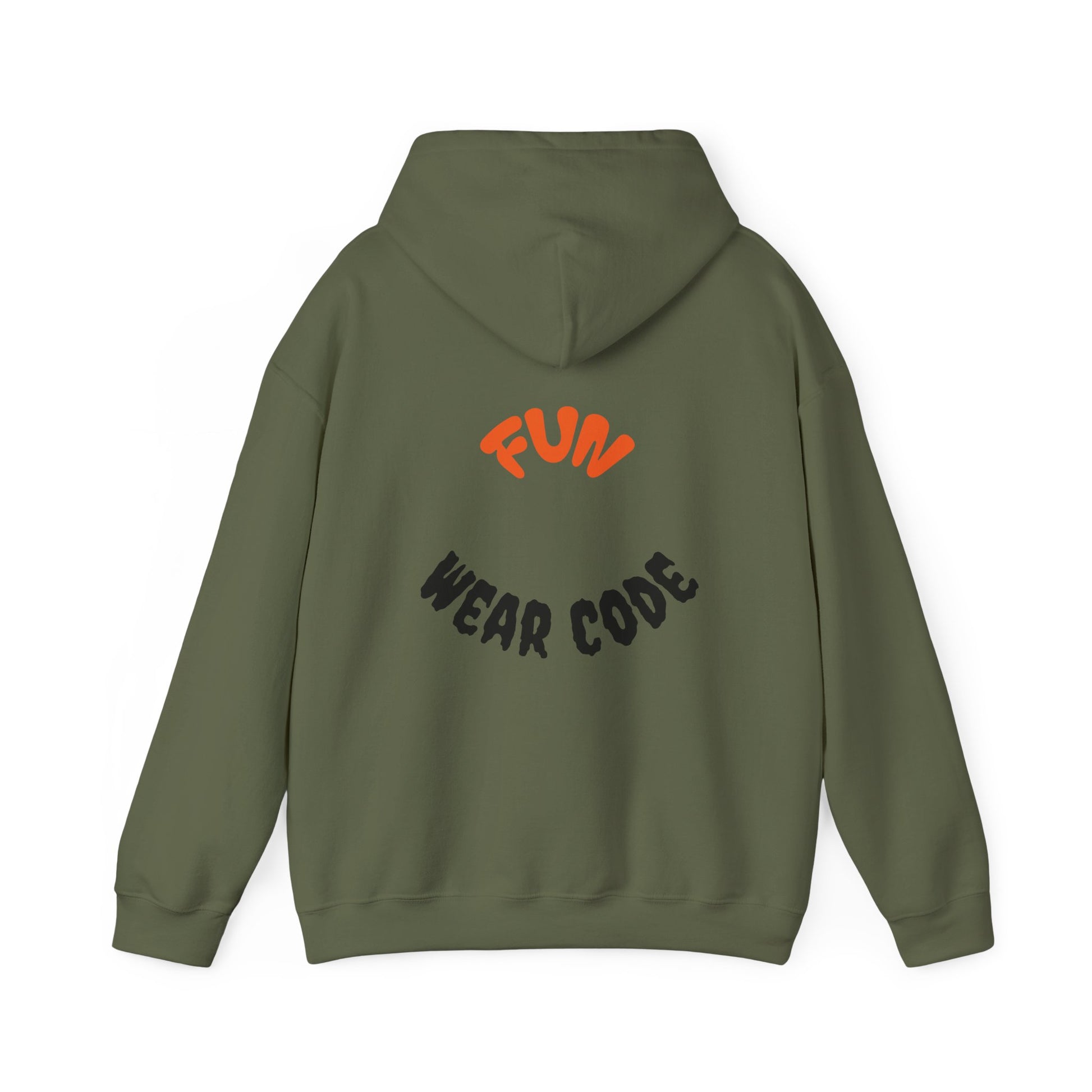 Green hoodie with 'FUN WEAR CODE' text on the back against a white background
