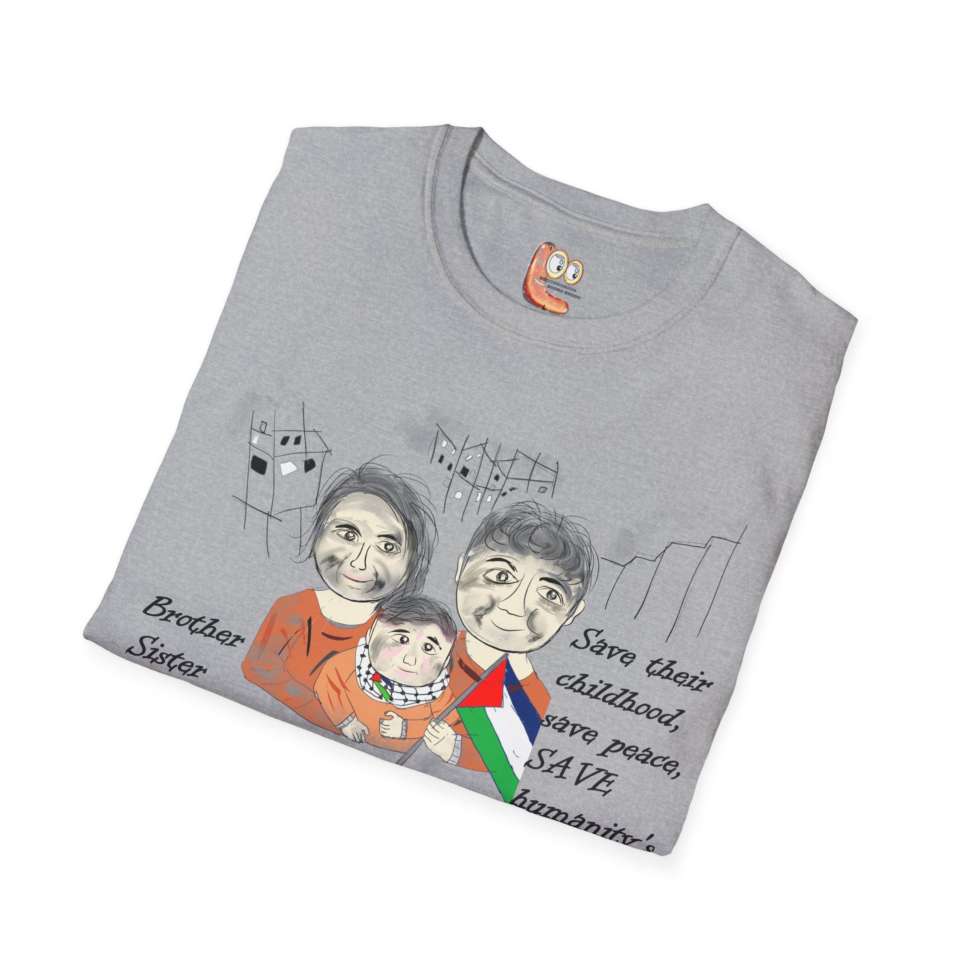Front view of a folded gray t-shirt with a Palestinians support graphic design and text on a white background.