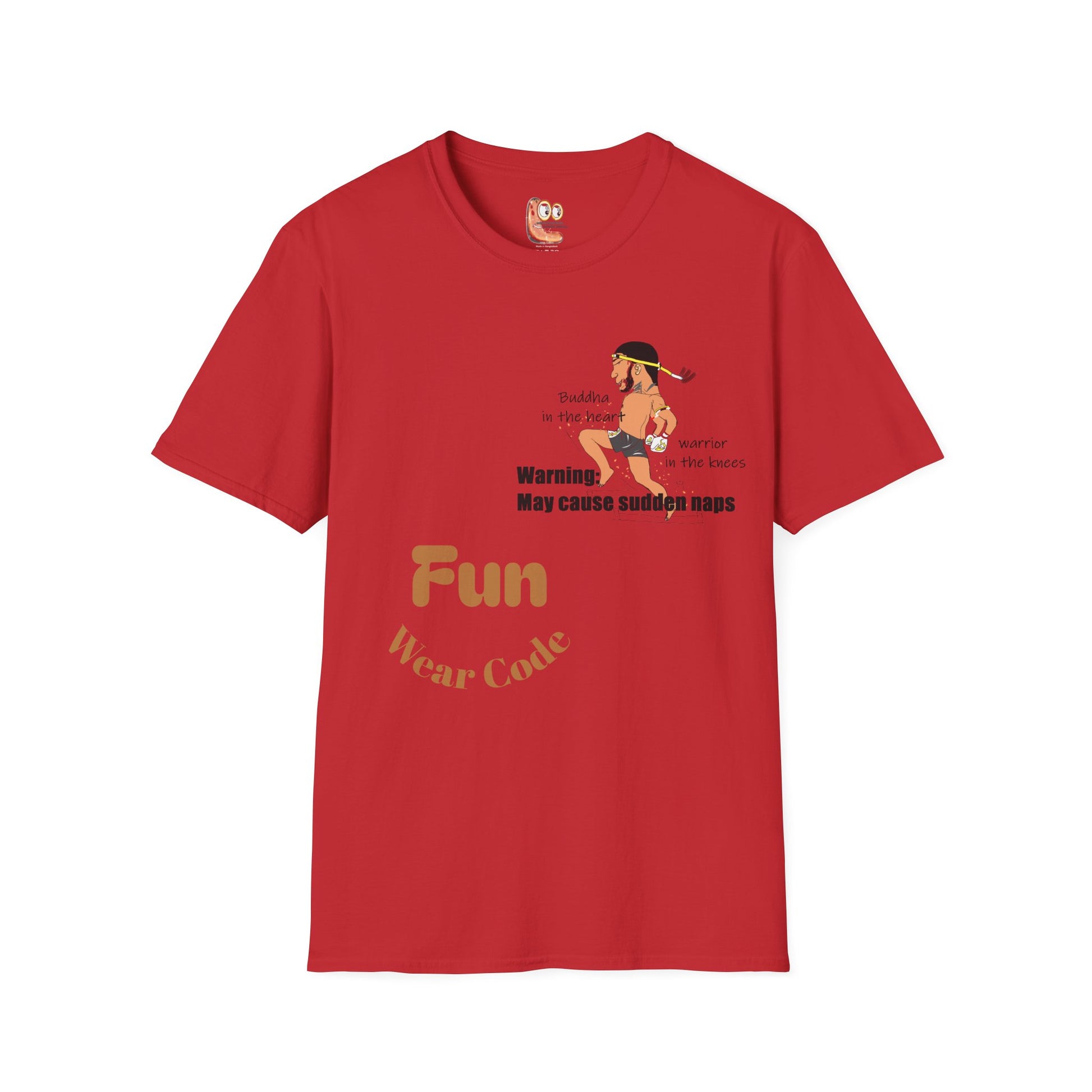 Red t-shirt with a Thai boxer graphic design and Fun Wear Code text on a white background