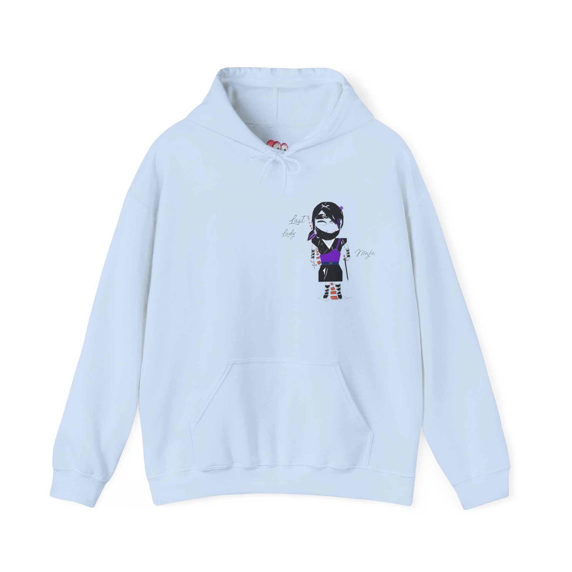Light blue hoodie with a lady ninja graphic design on a white background