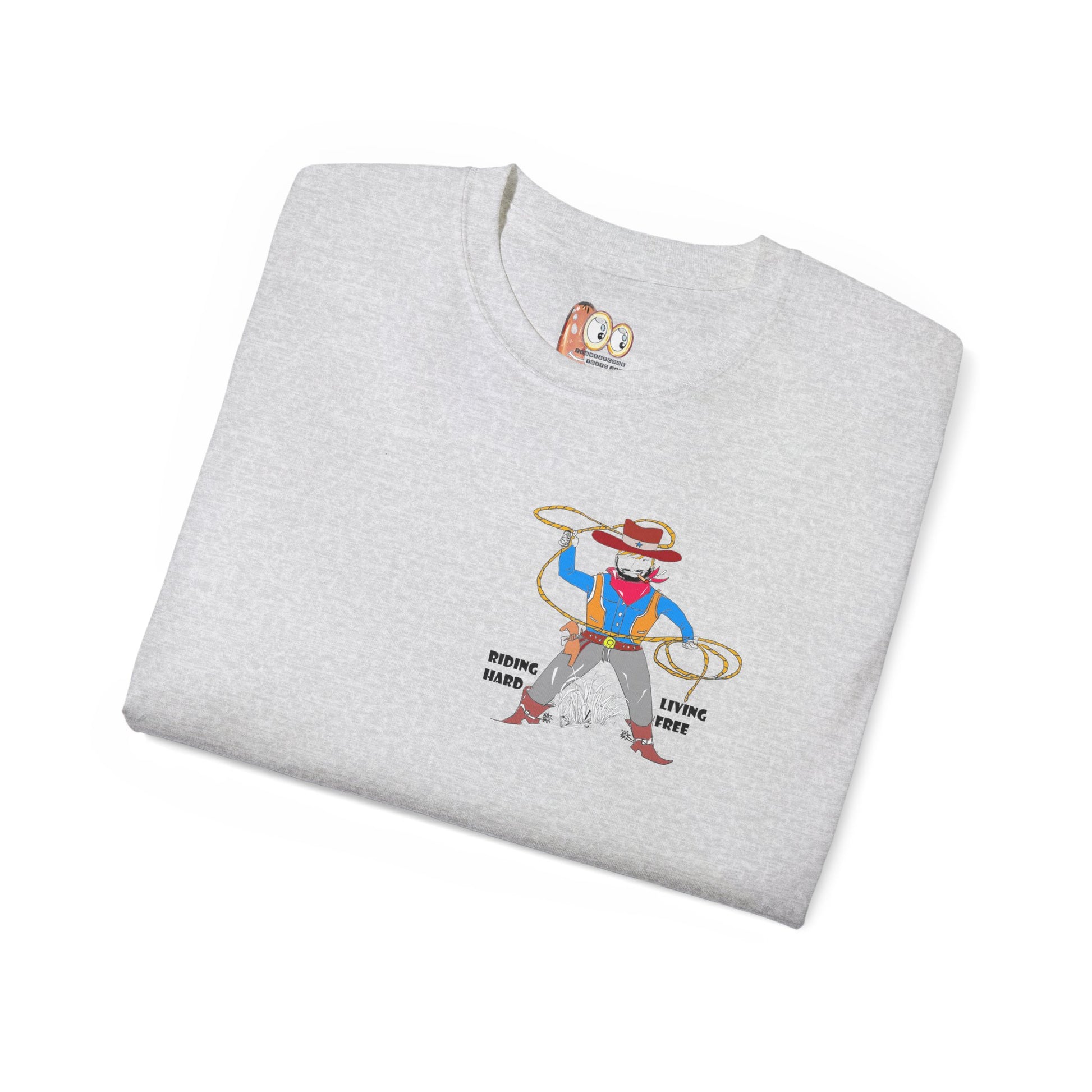 Close-up of a folded gray t-shirt with a cowboy graphic design on a white background