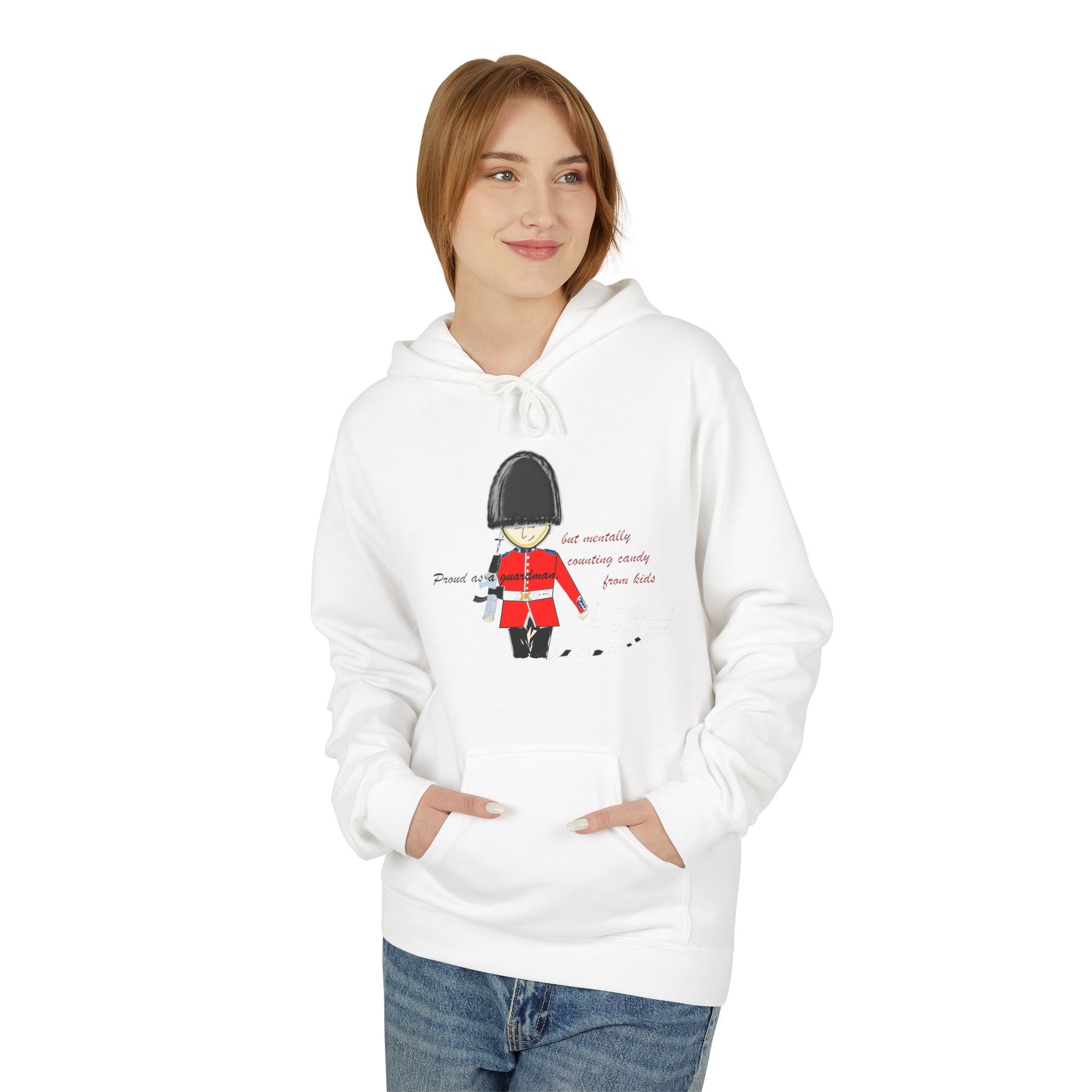 Person wearing a white hoodie with a playful royal guardsman graphic design on a white background
