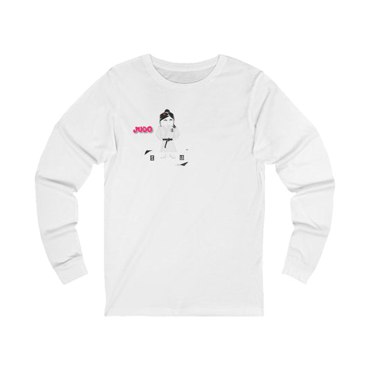 Front view of a white long-sleeve shirt with a judo girl graphic design on a white background