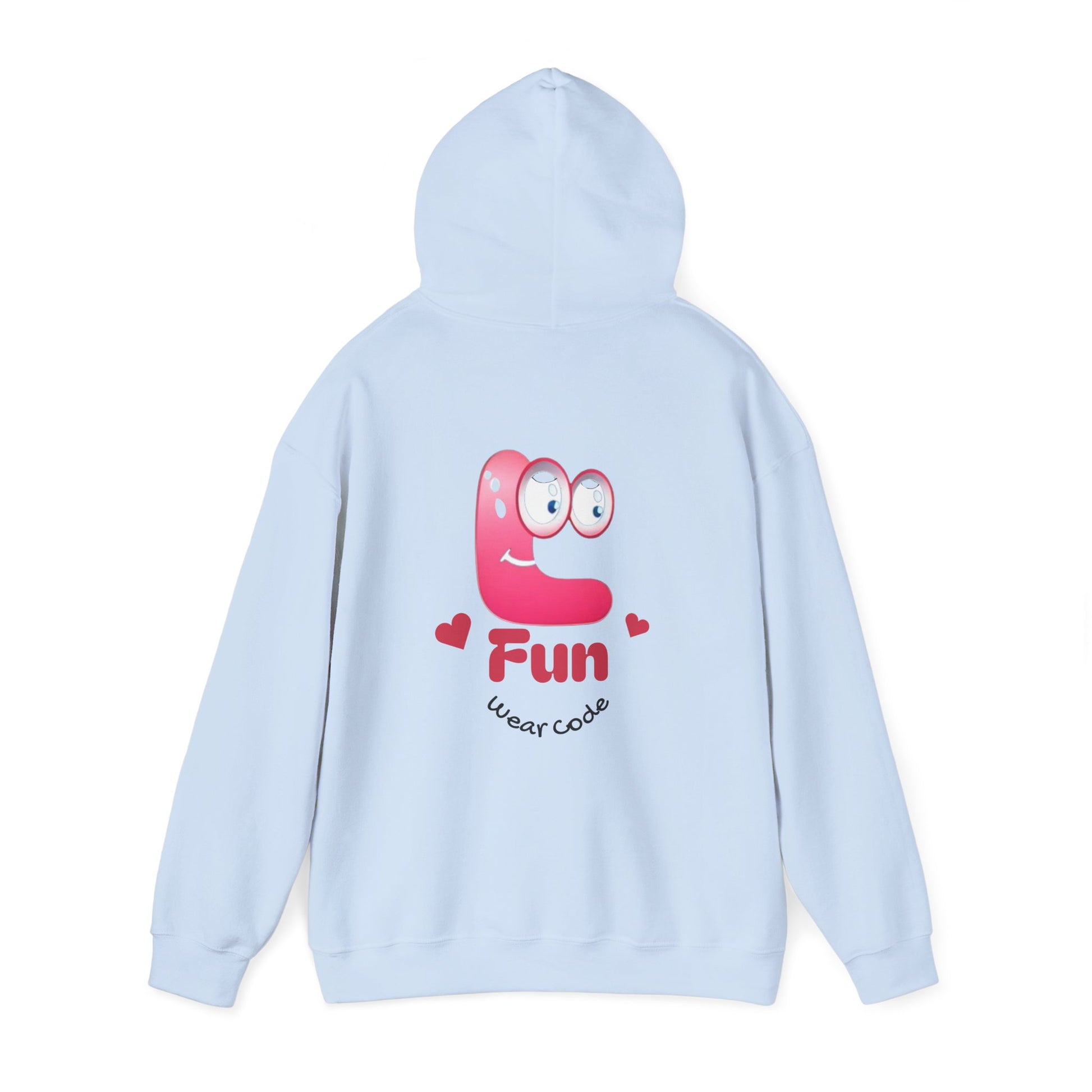 Light blue hoodie with a pink cartoon Fun Wear Code character and text on the back against a white background