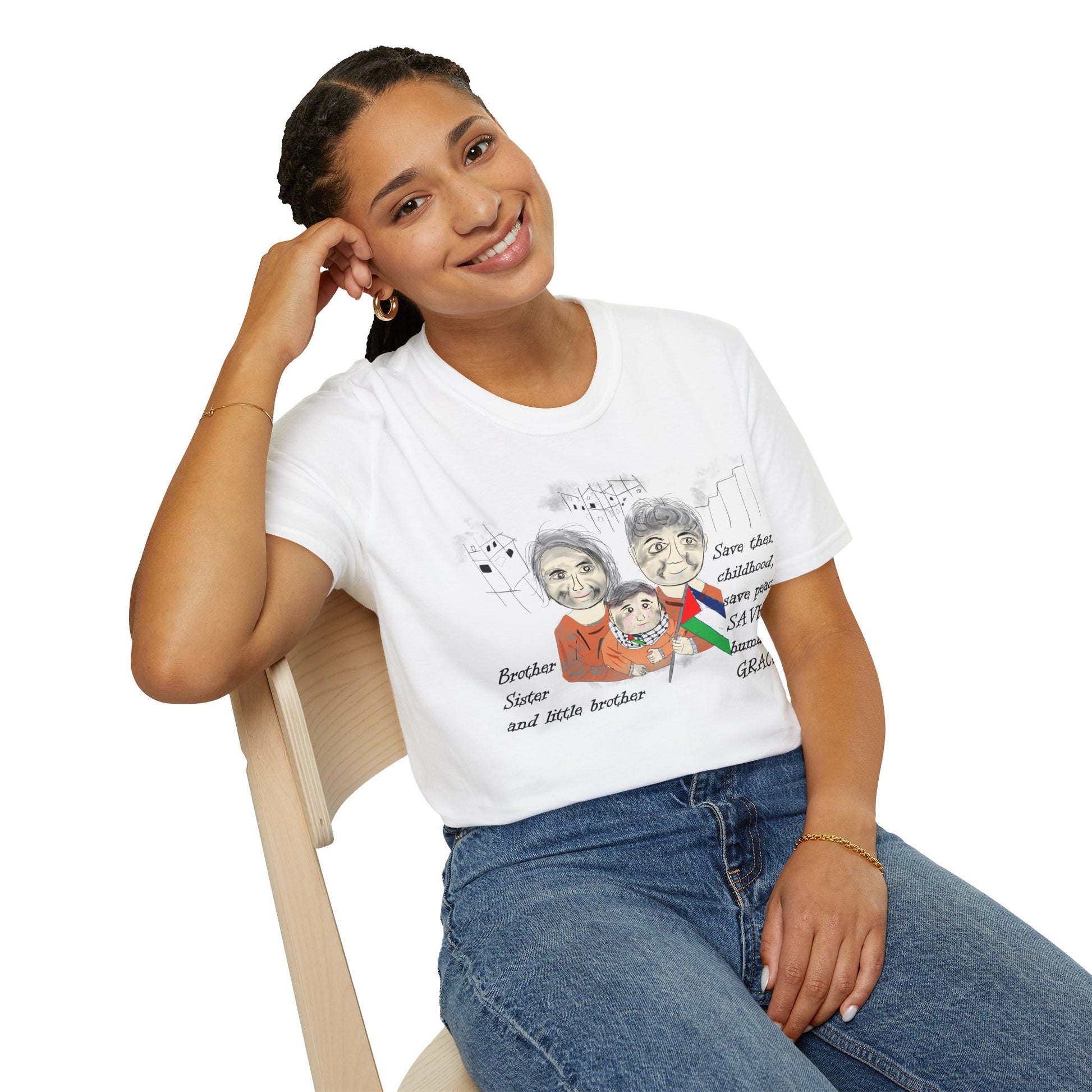 Front view of a lady model wearing a white t-shirt with Palestinians support graphic design and text, sitting on a chair.