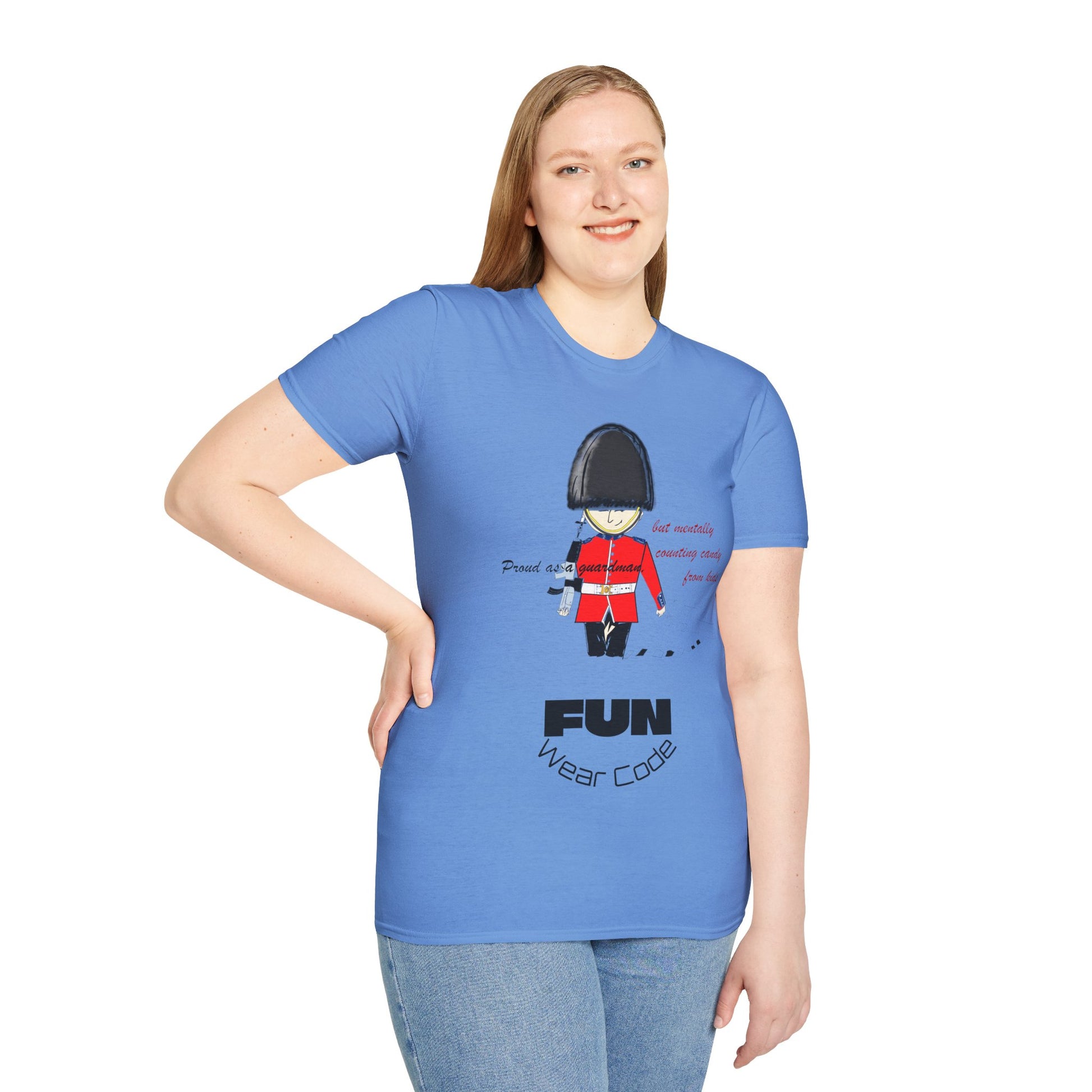 Woman wearing a blue t-shirt with a royal guardsman graphic design and text 'Fun Wear Code' on a white background