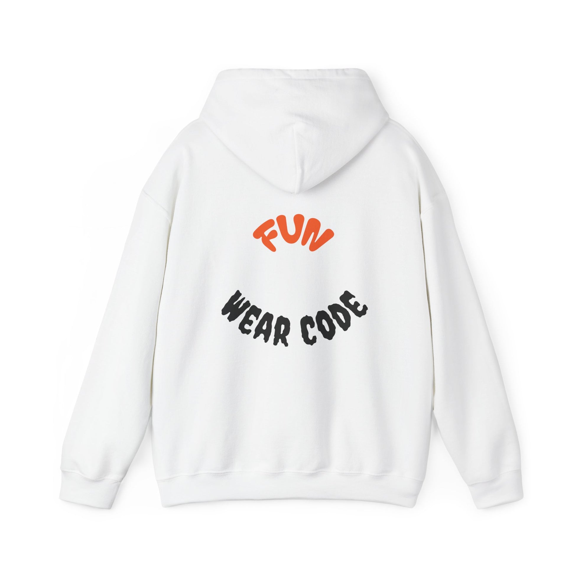 White hoodie with 'Fun Wear Code' text on the back against a white background
