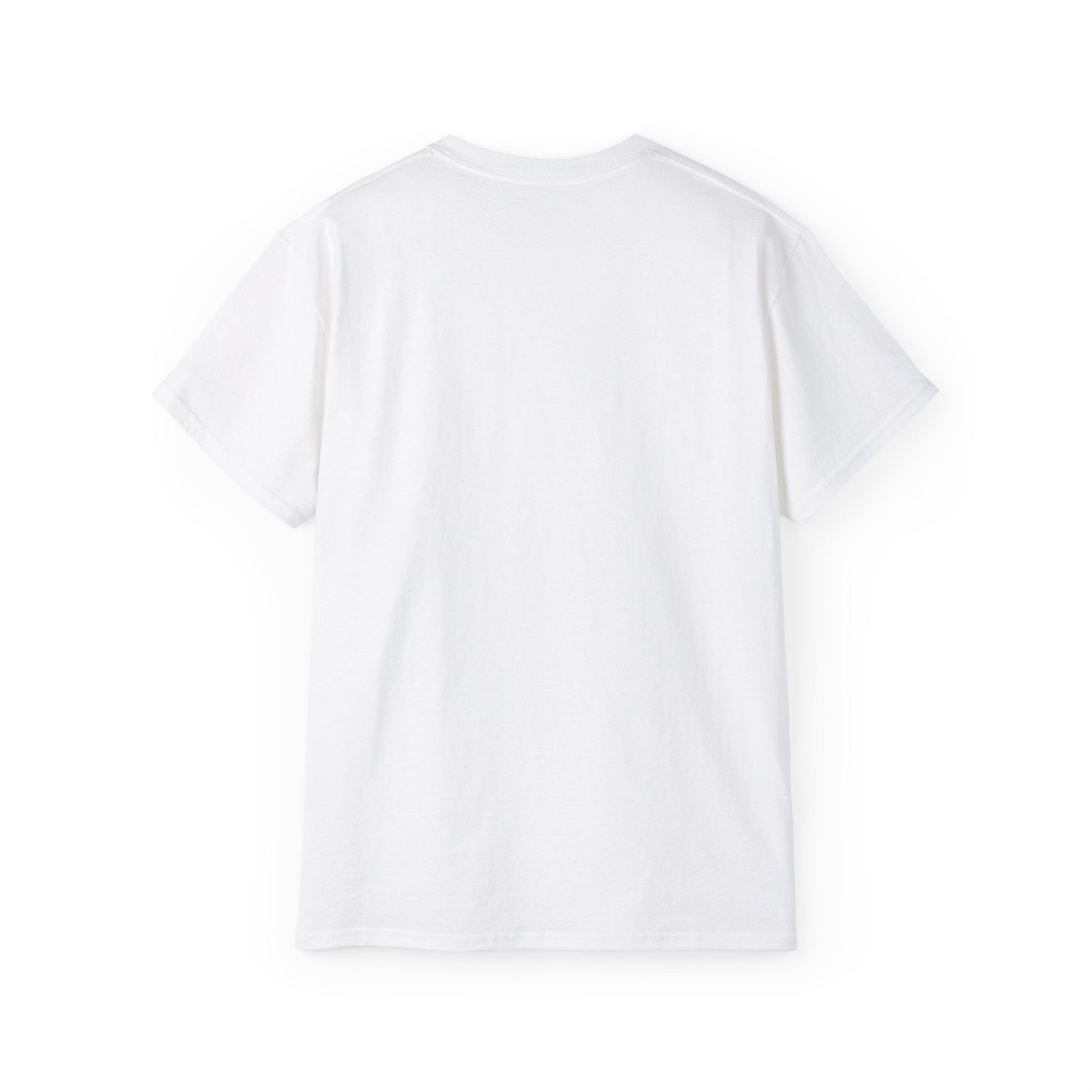 Back view of a white t-shirt on a white background