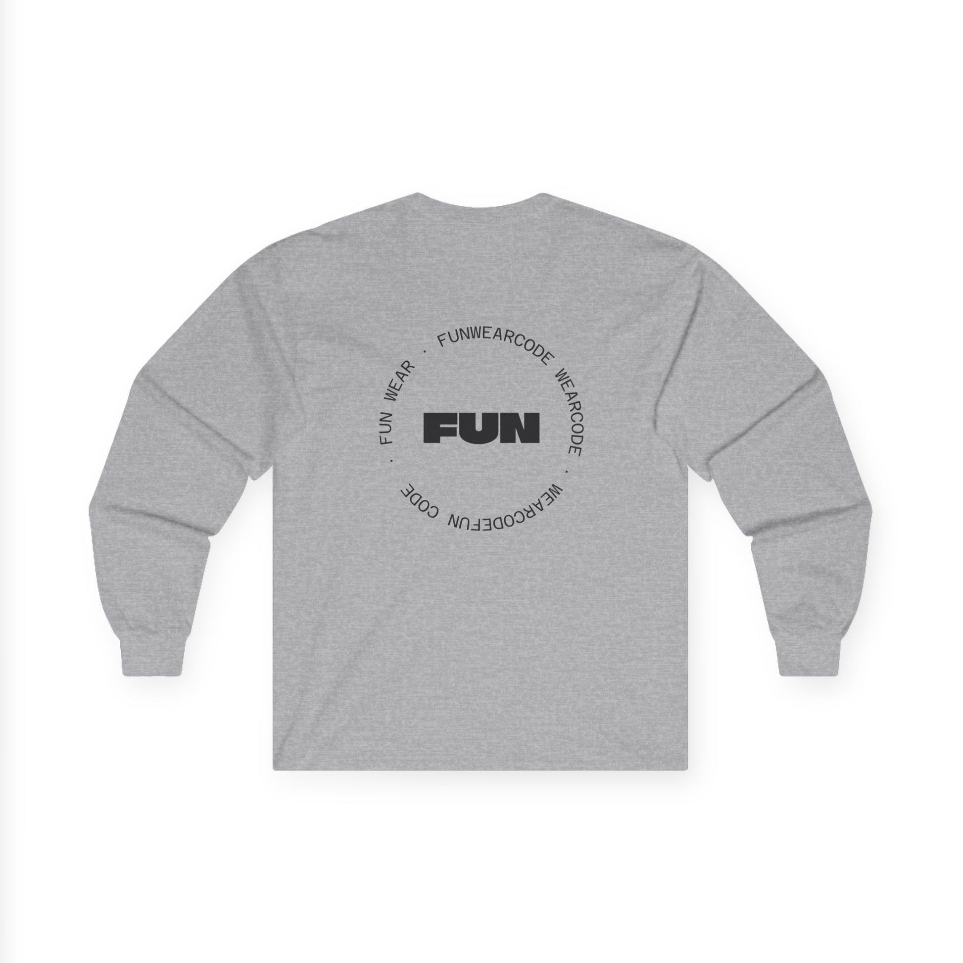 Back view of a gray long-sleeve shirt with a FUN graphic design on a white background