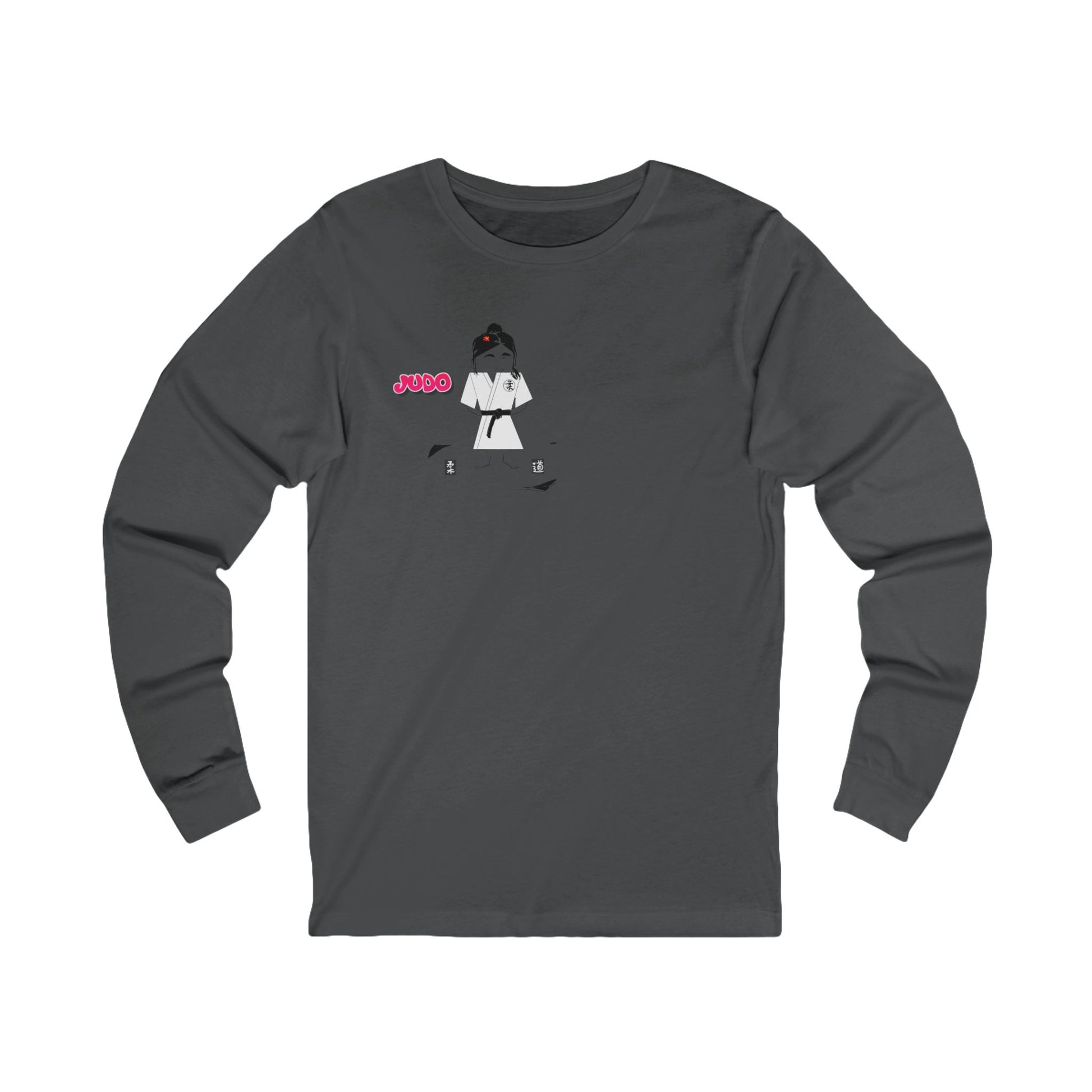 Front view of a black long-sleeve shirt with a judo girl graphic design on a white background