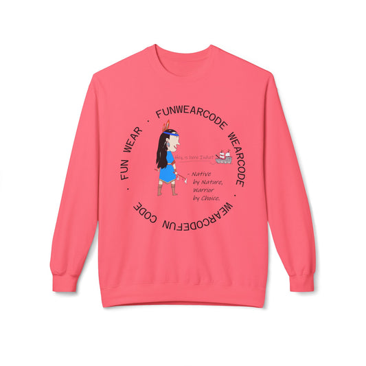 Coral long-sleeve shirt with an American Indian woman graphic design and text 'Fun Wear Code' on a white background