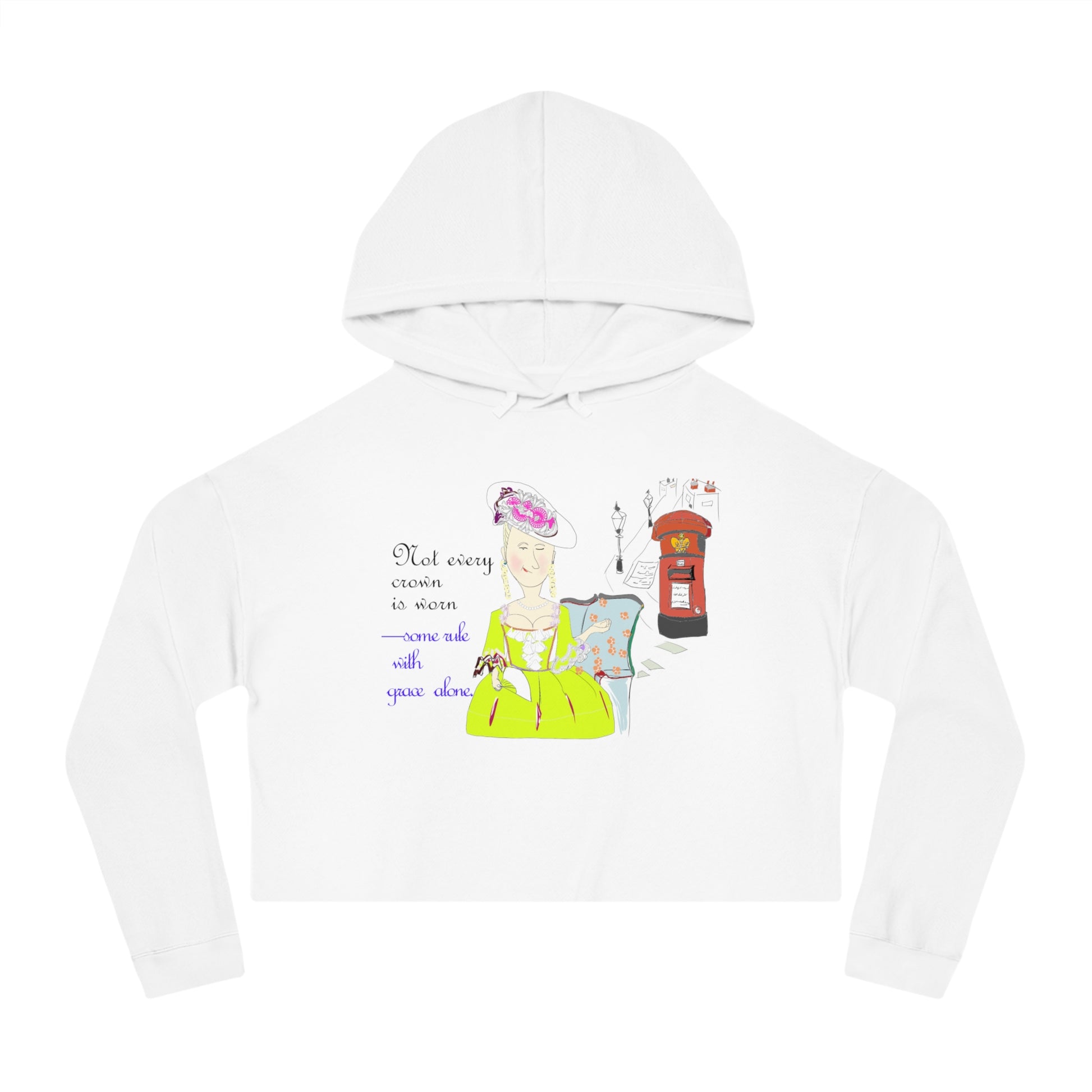 White hoodie with vintage style lady graphic design on a white background