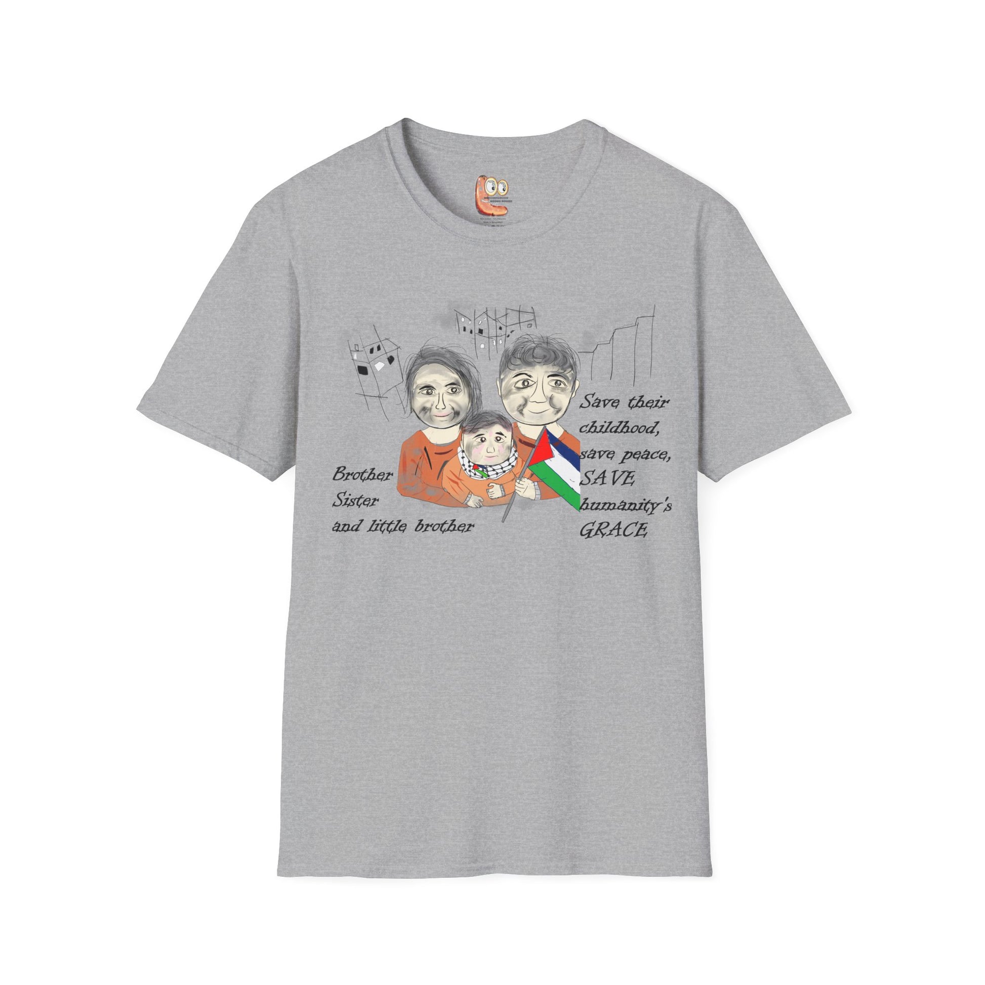 Front view of a gray t-shirt with a Palestinians support graphic design of three children and text on a white background.