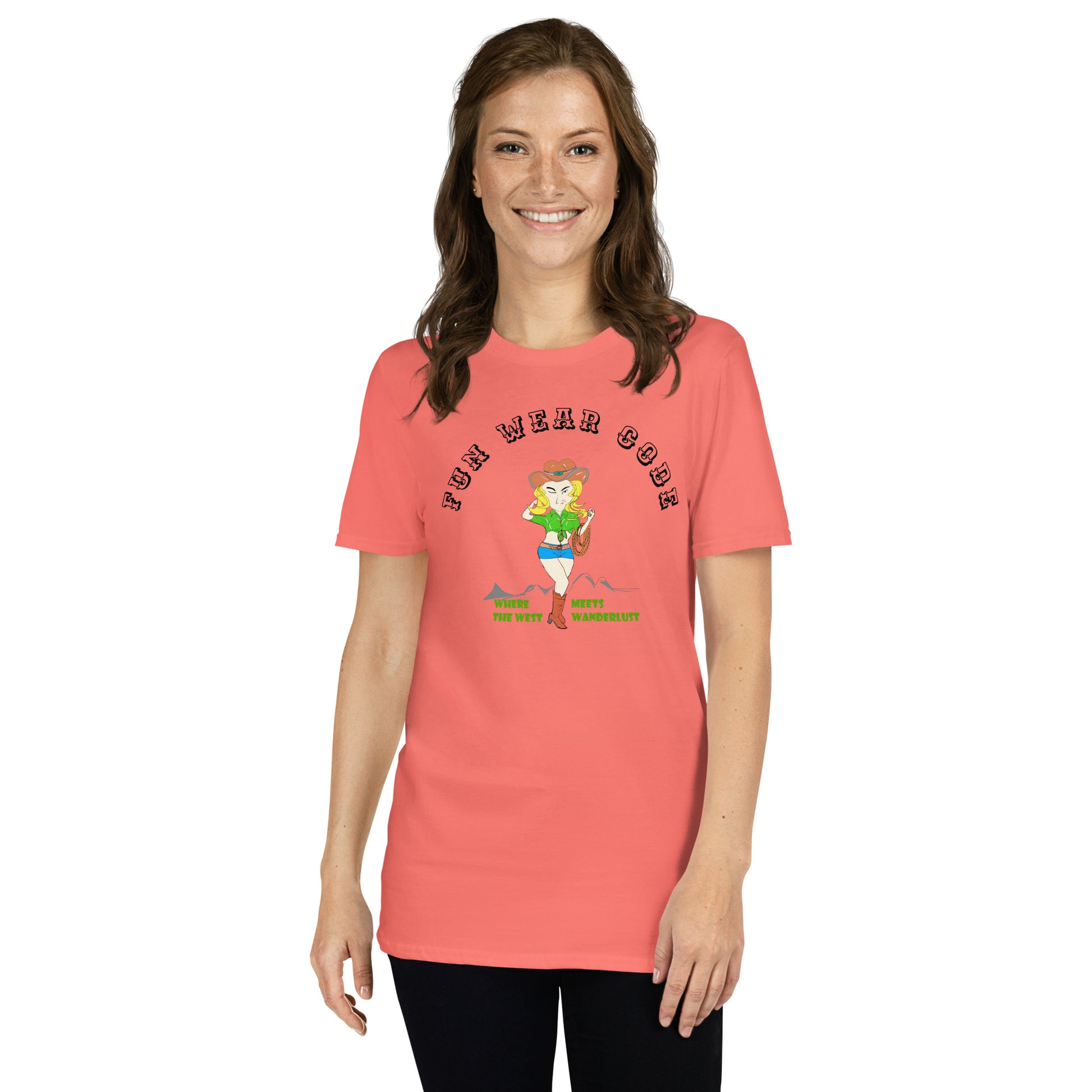 Woman wearing a coral t-shirt with a graphic design of a cowgirl and text " FUN WEAR CODE" on a white background