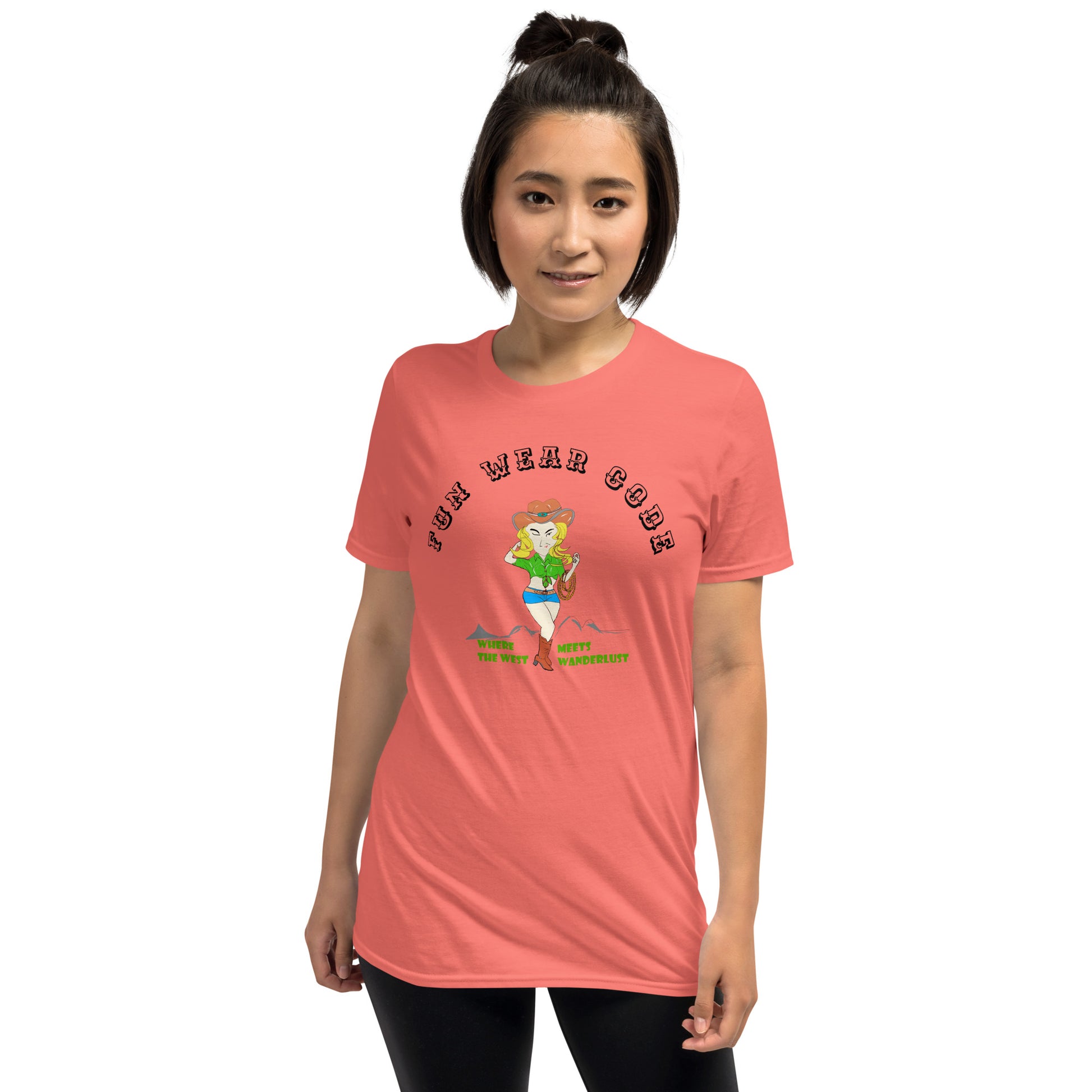Person wearing a coral t-shirt with a graphic design of a cowgirl and text " FUN WEAR CODE" on a white background