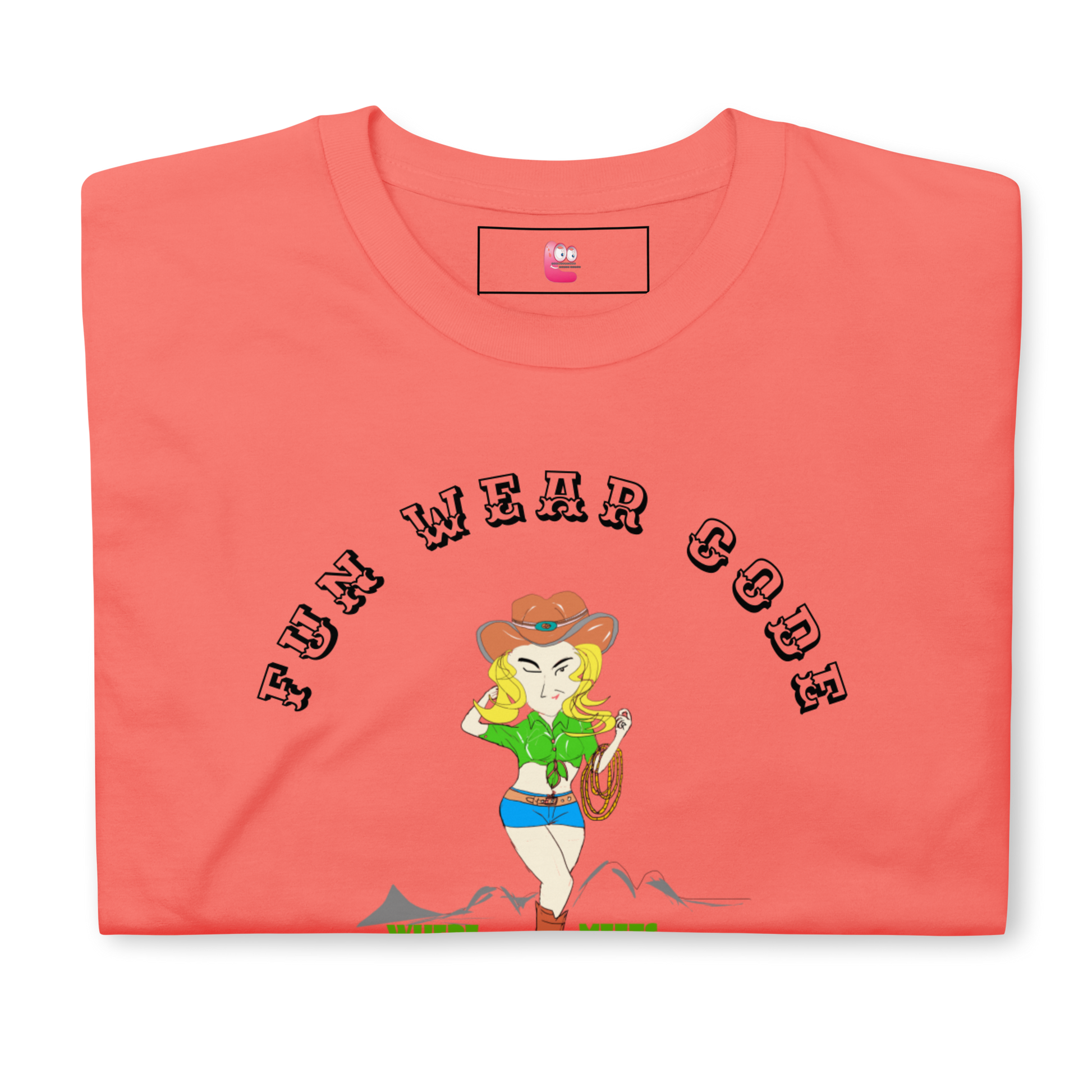 Folded coral t-shirt with a graphic design of a cowgirl and text " FUN WEAR CODE" on a white background