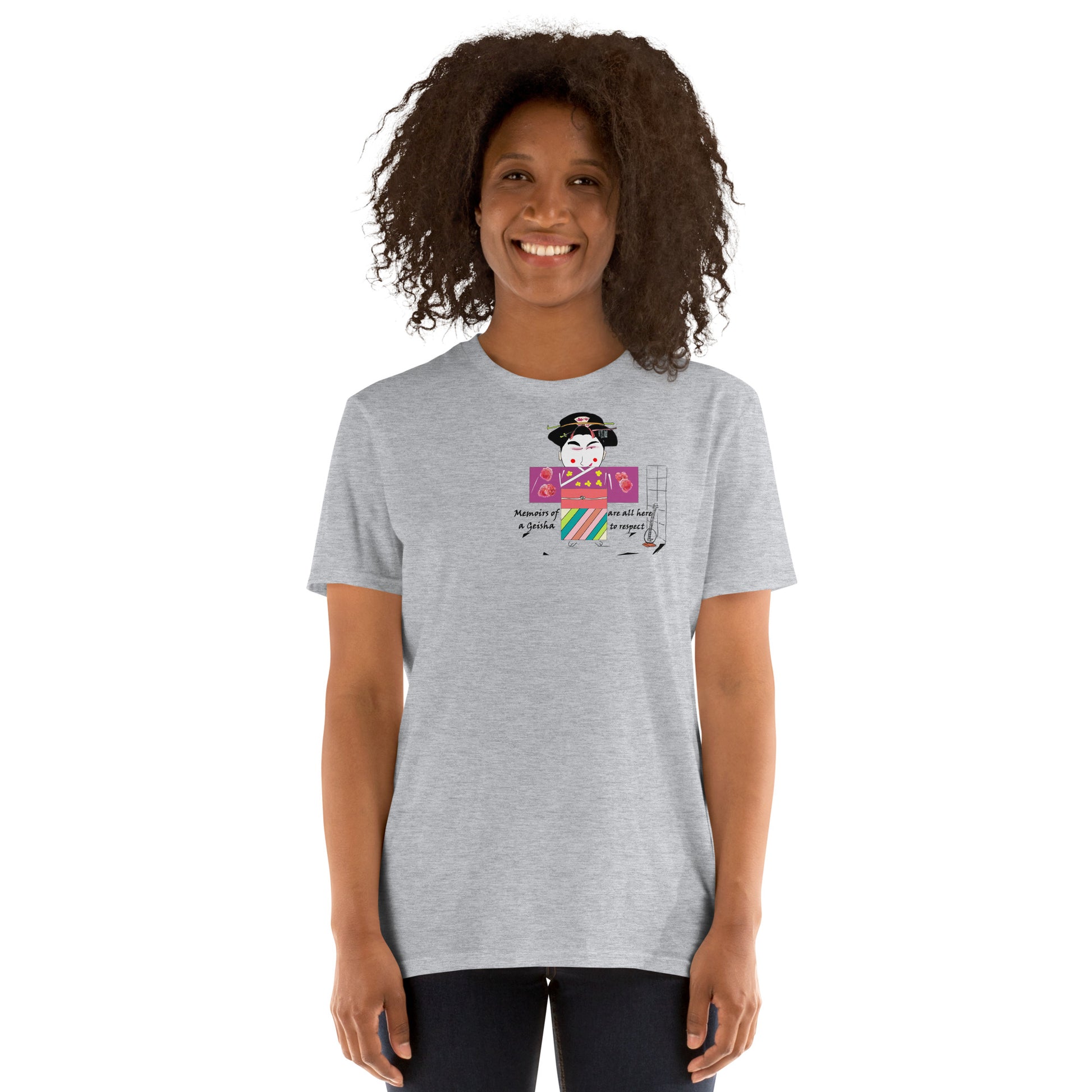 Front view of a lady model wearing a gray t-shirt with a Japanese Geisha graphic design on a white background