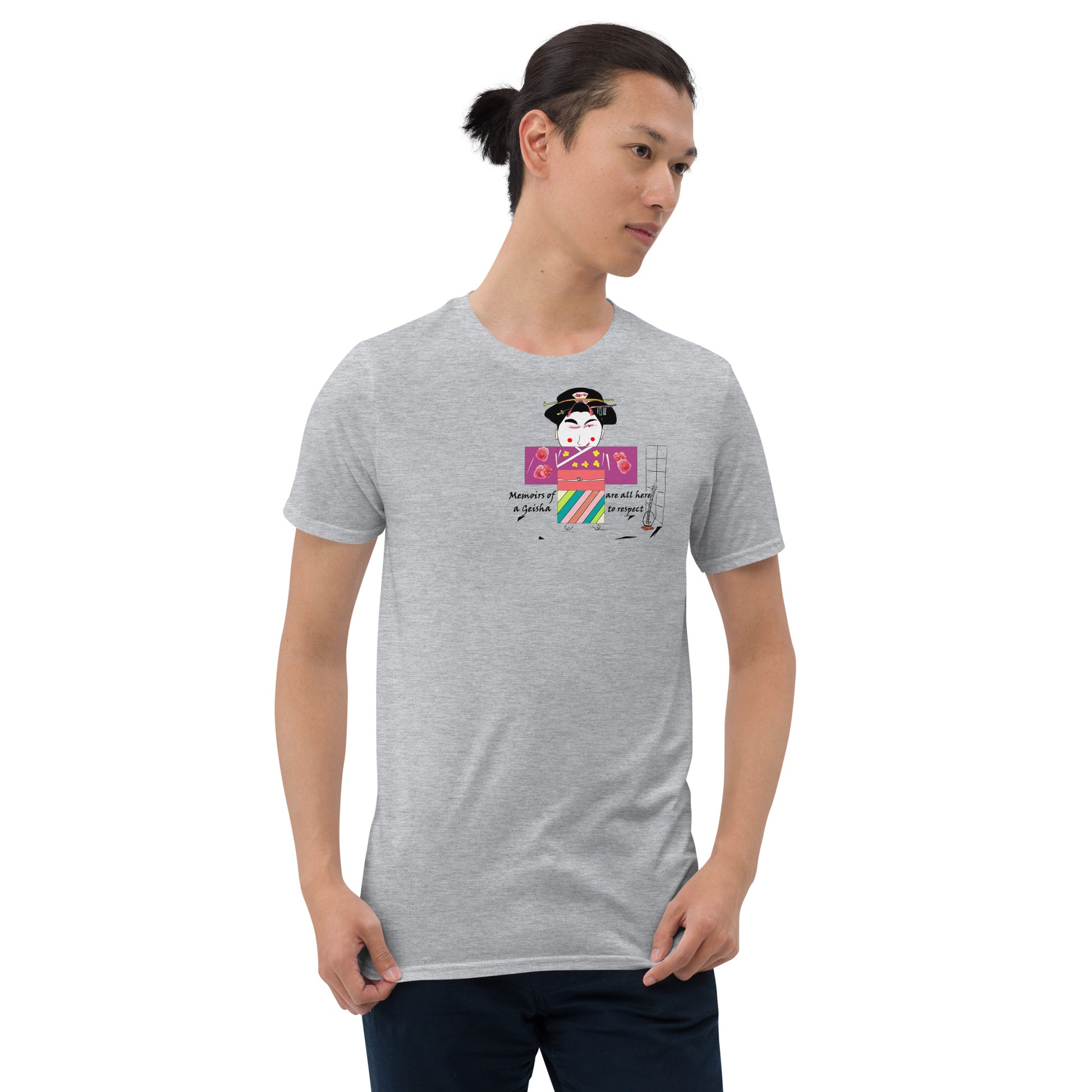 Front view of a man model wearing a gray t-shirt with a Japanese Geisha graphic design on a white background