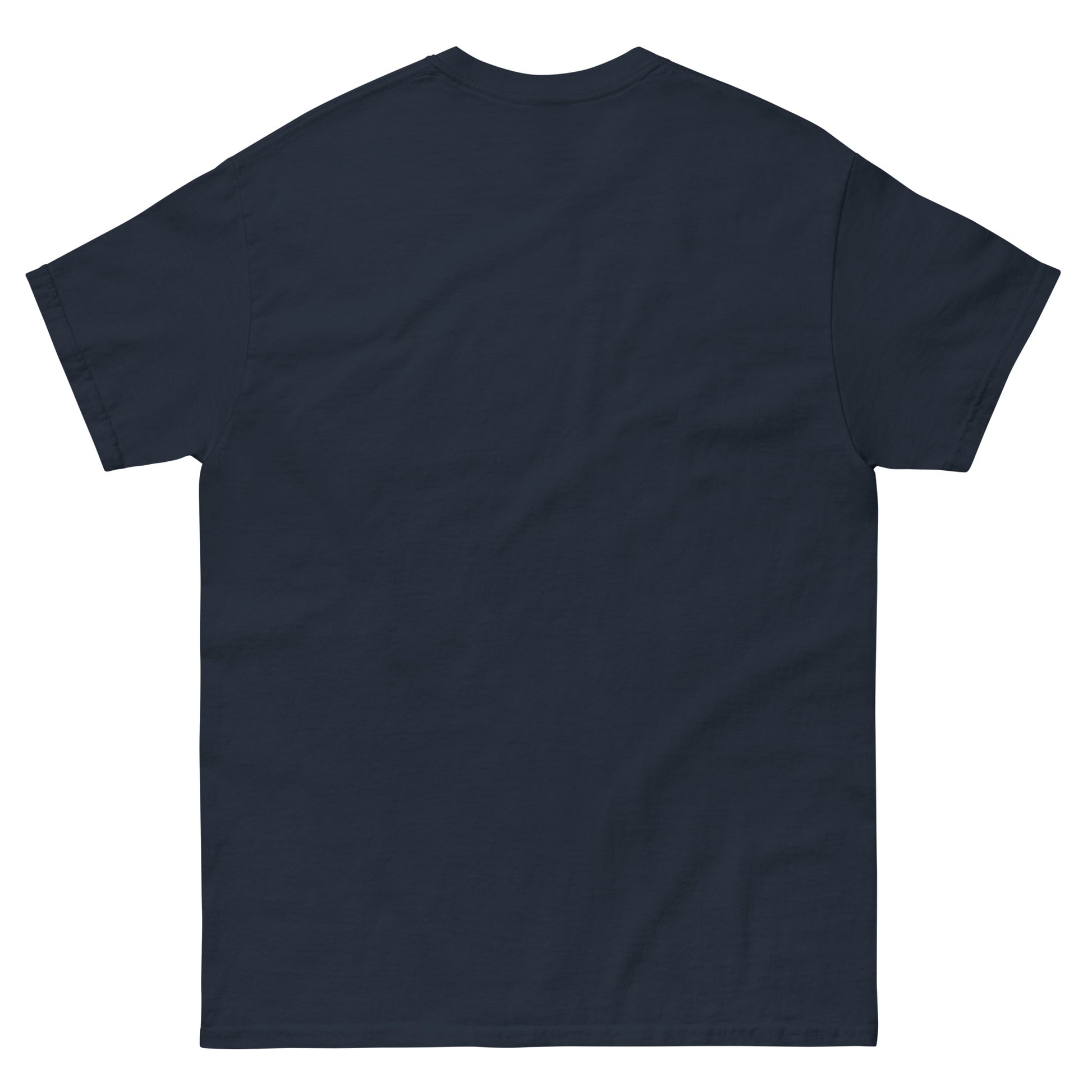 Back view of a navy T-shirt on a white background