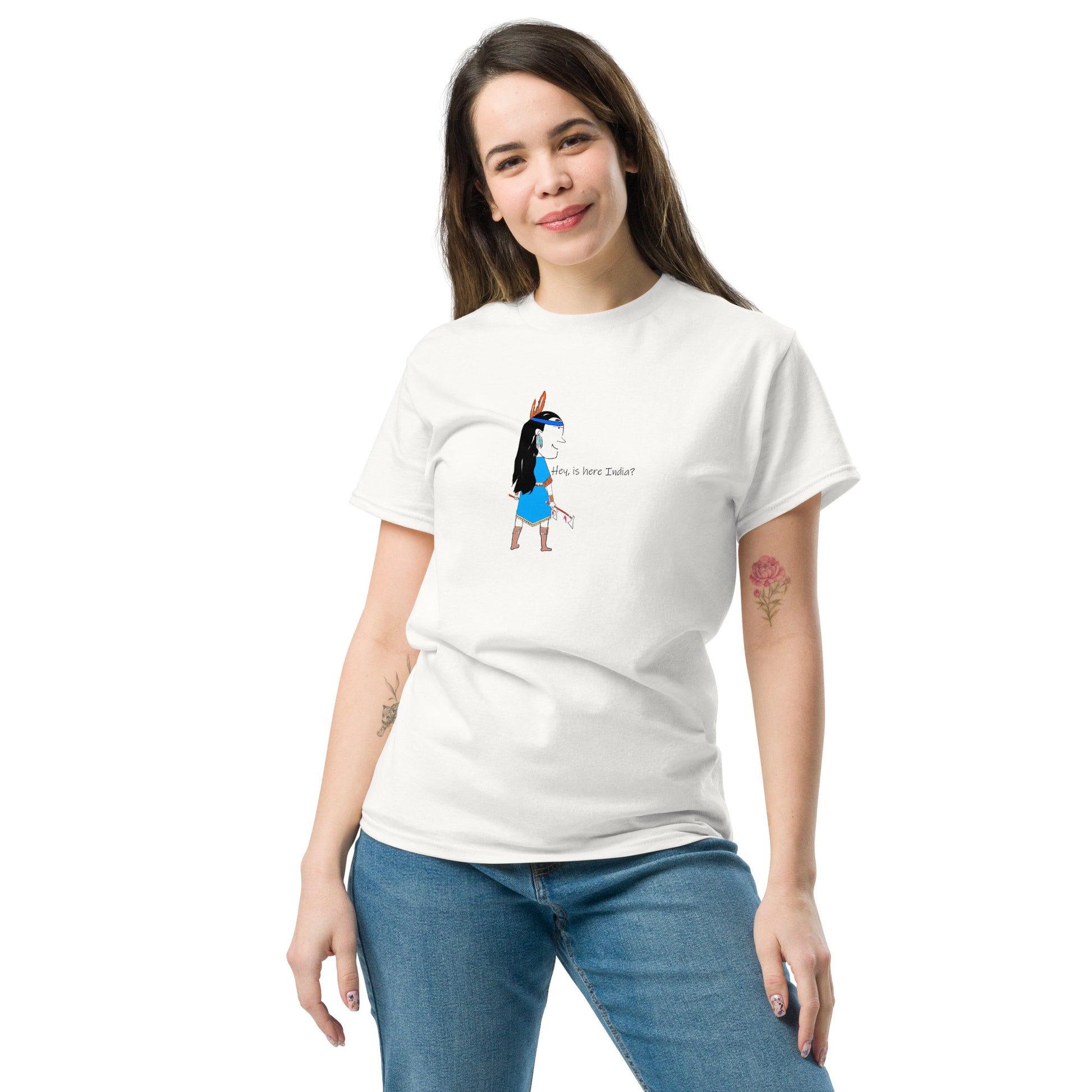 Front view of a lady model wearing a white t-shirt with an American Indian woman graphic design on a white background