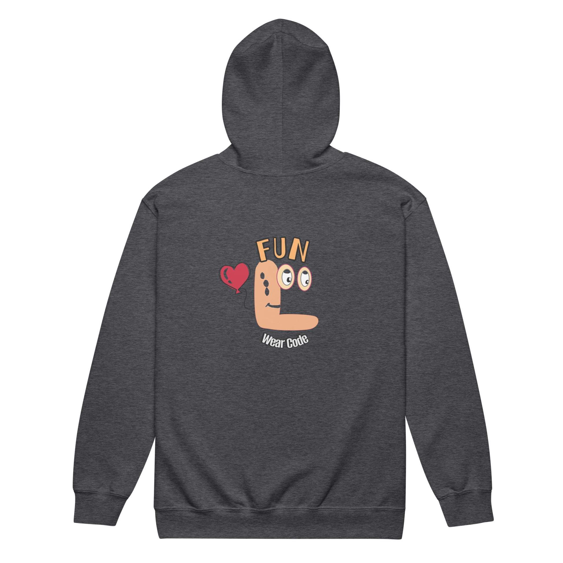 Back view of a black zip-up hoodie with a FUN wear code graphic design on a transparent background