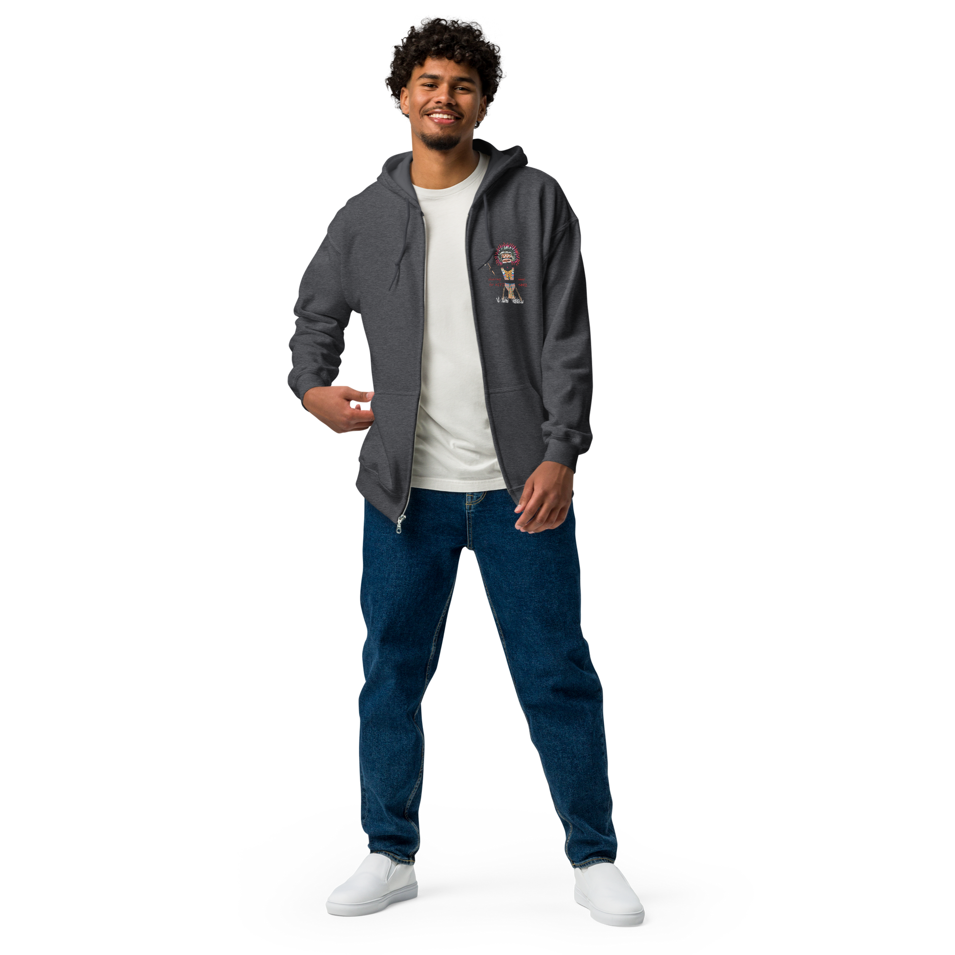 Front view of a man model wearing a black zip-up hoodie with an American Indian man graphic design on a transparent background