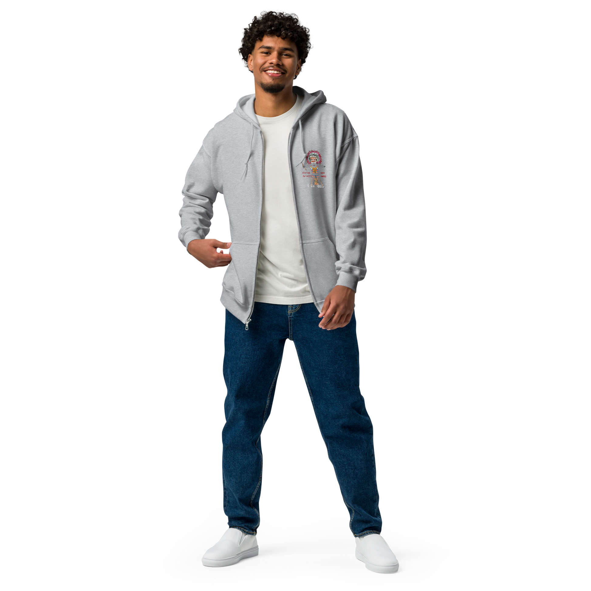 Front view of a man model wearing a gray zip-up hoodie with an American Indian man graphic design on a transparent background