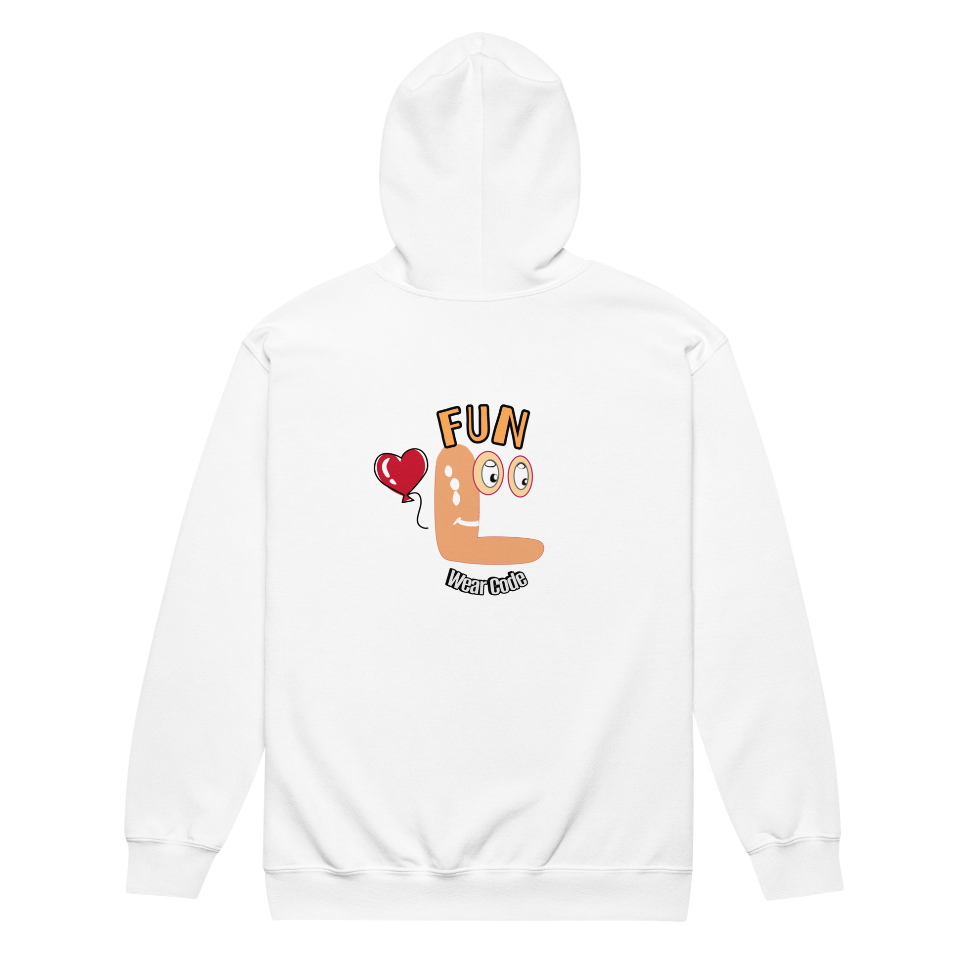 Back view of a white zip-up hoodie with a FUN wear code graphic design on a transparent background