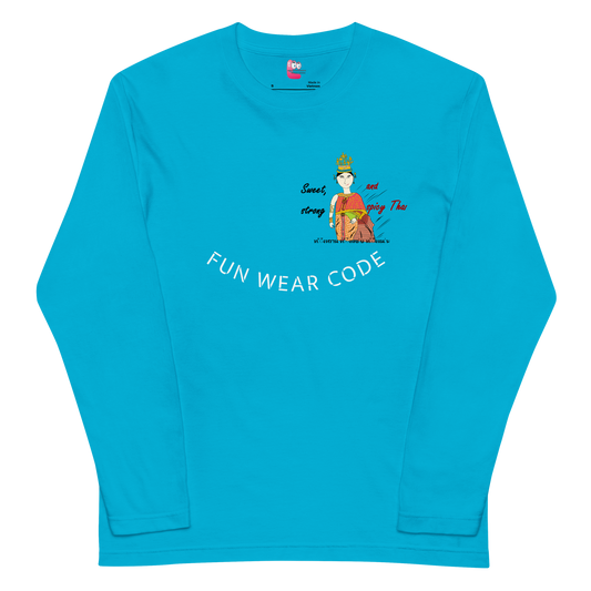 Blue long-sleeve shirt with a playful Thai lady graphic and text "fun wear code" on a white background