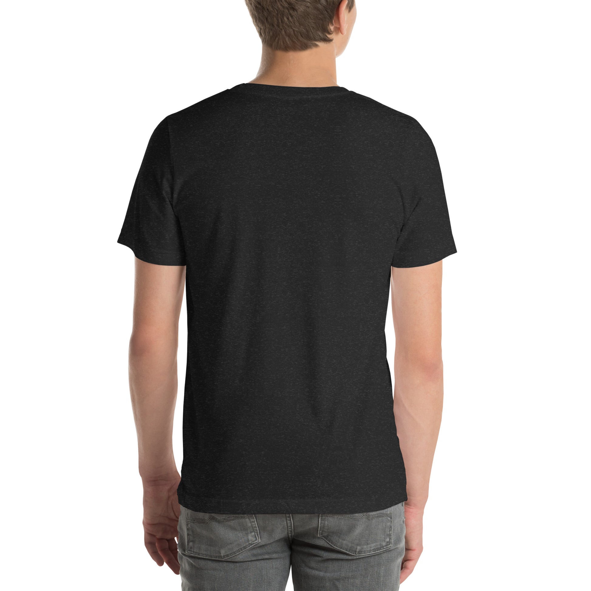 Person wearing a black t-shirt on a white background