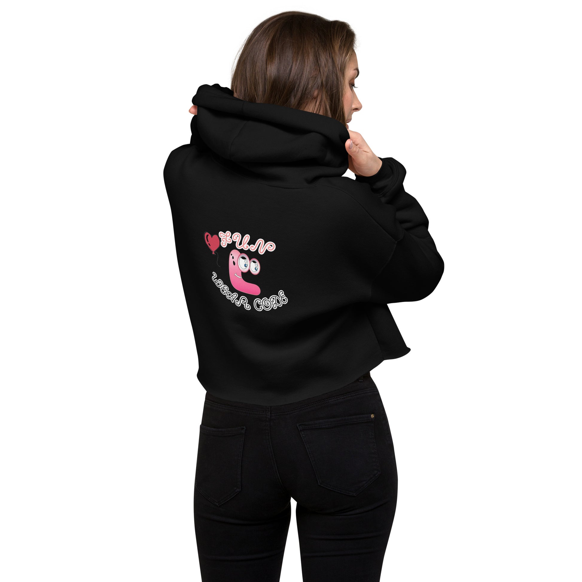 Back view of a lady model wearing a black cropped hoodie with a FUN WEAR CODE graphic design on a white background