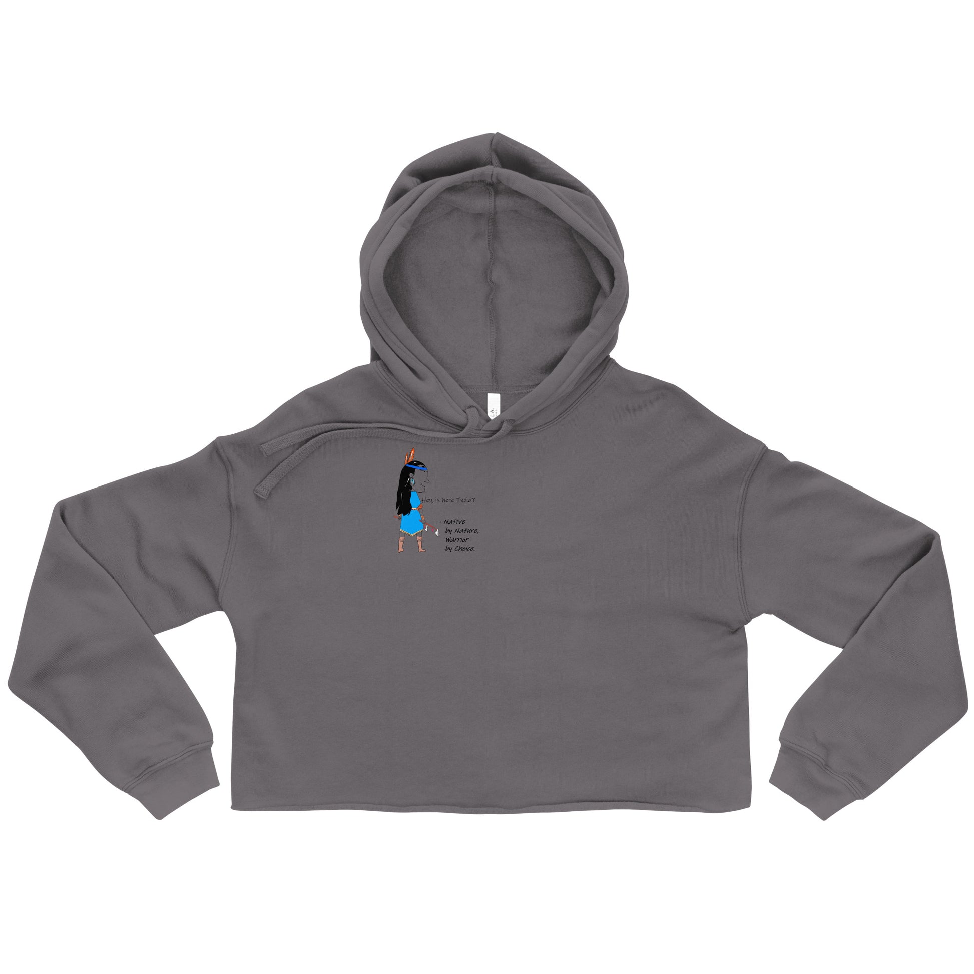 Front view of a gray cropped hoodie with an American Indian woman graphic design on a white background