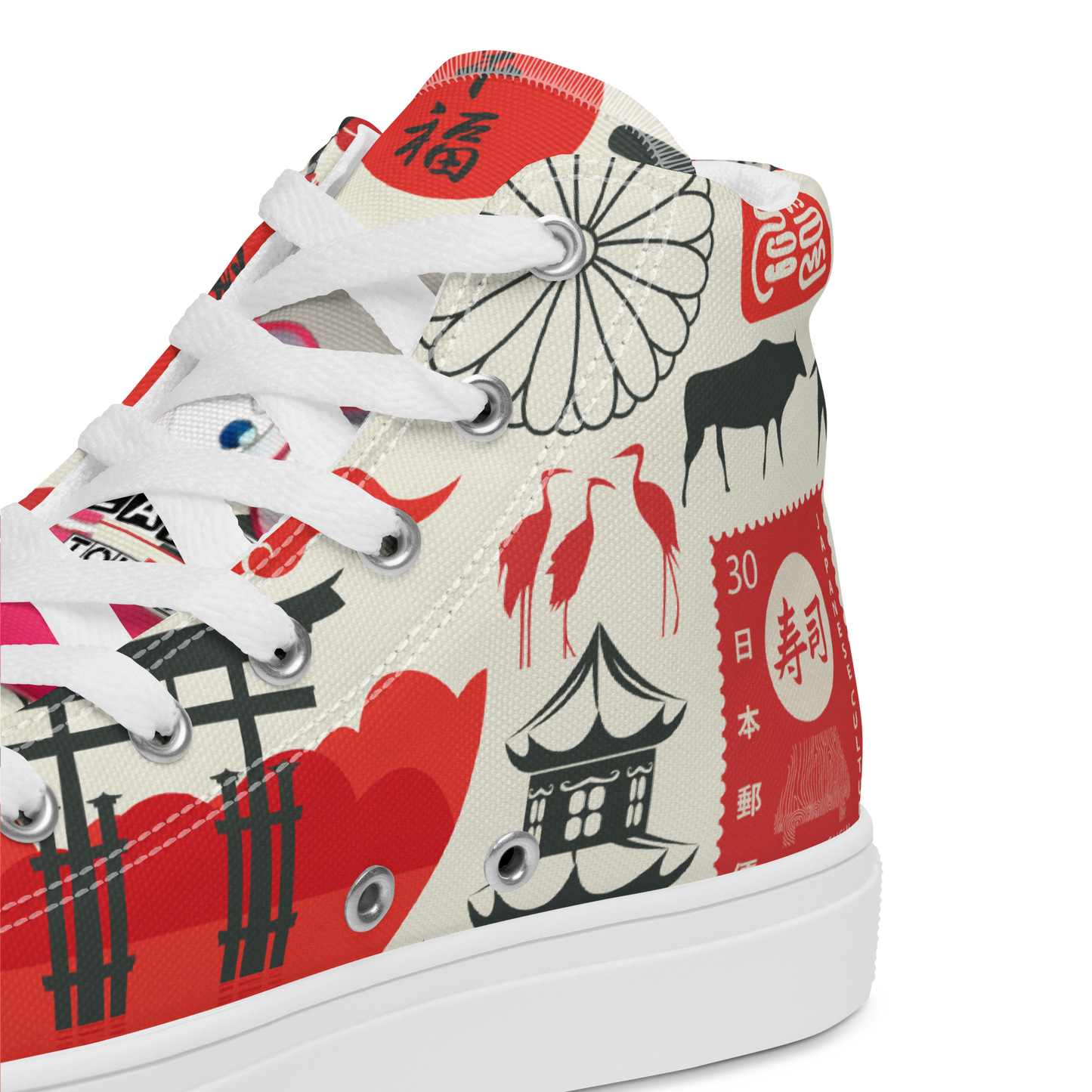 Sneaker with Japanese-themed design on a white background