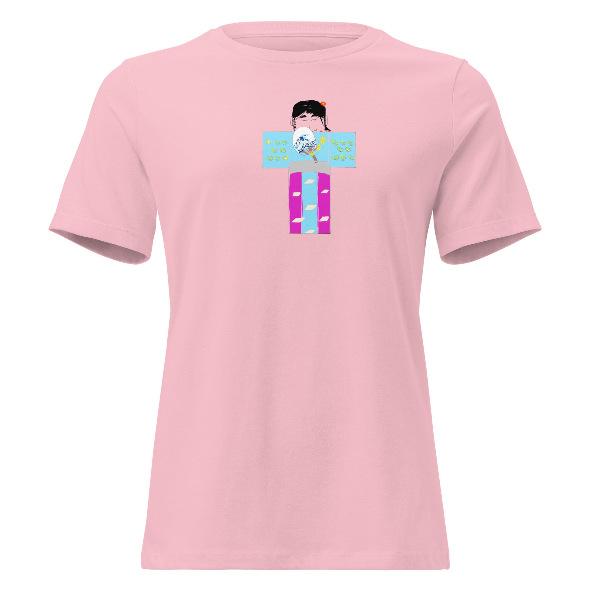 Pink t-shirt with a yukata girl graphic design on a white background