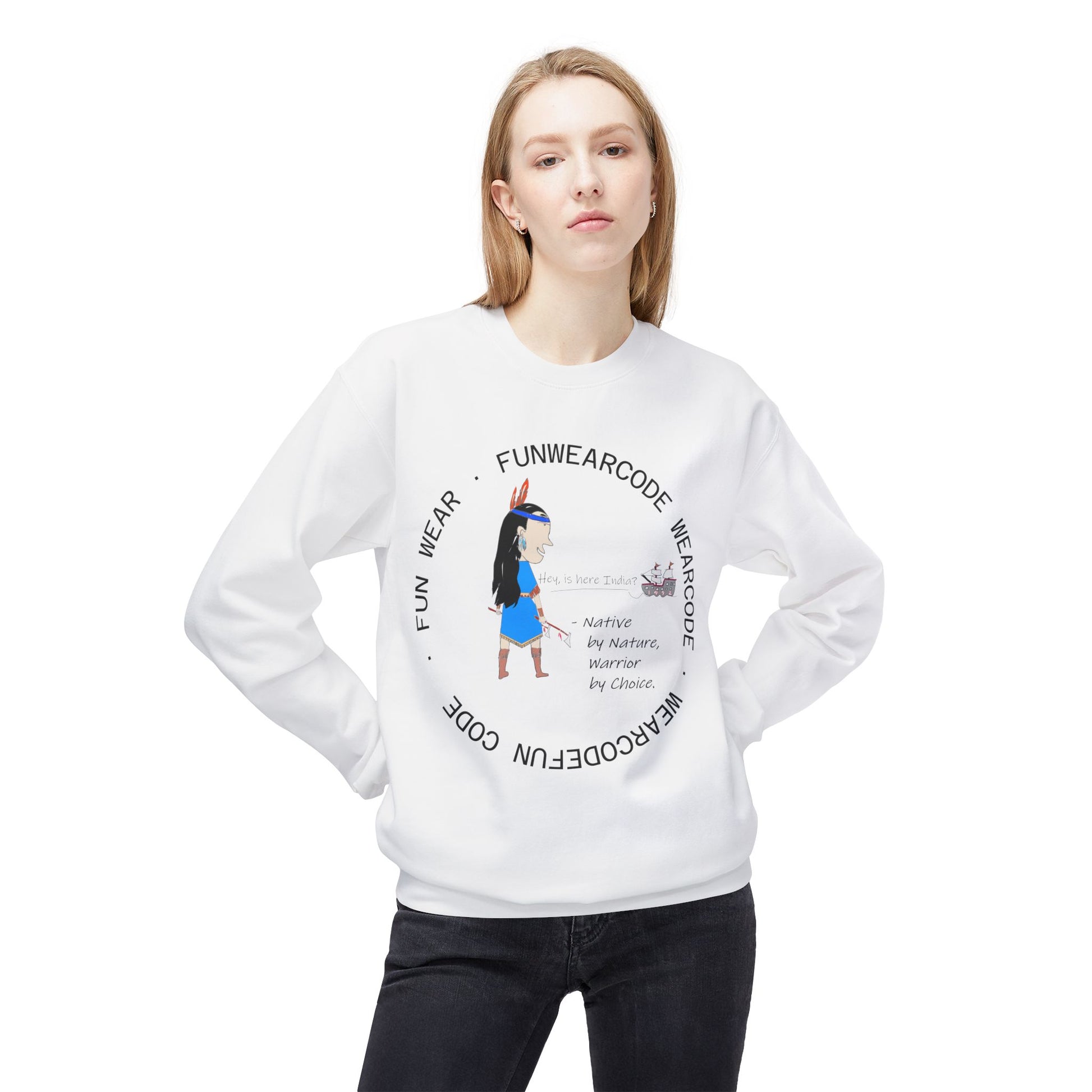 A girl wearing a white sweatshirt with an American Indian woman graphic design and text 'Fun Wear Code' on a white background