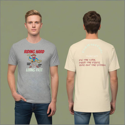 Two person wearing a gray t-shirt with a  cowboy graphic and text, standing against a plain background