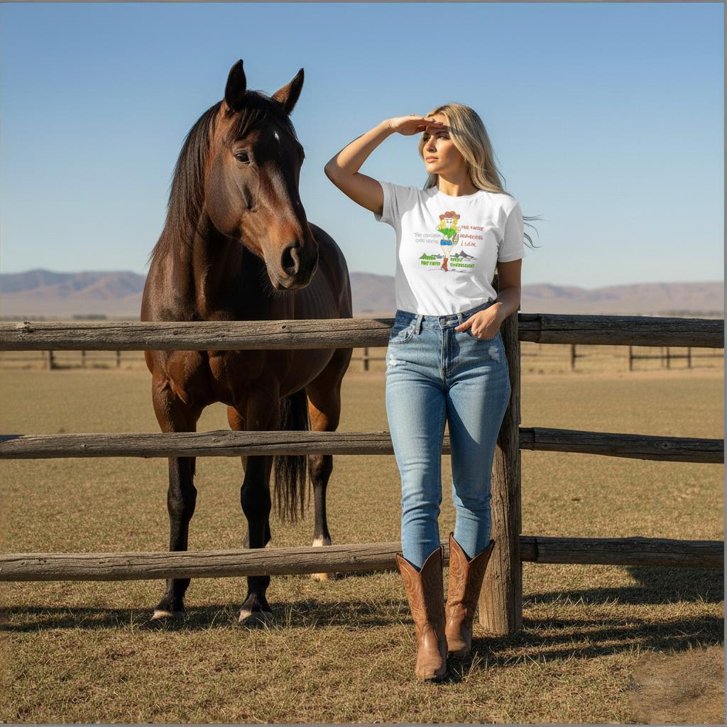Woman wearing a white t-shirt with colorful cowgirl graphics and text, standing next to a horse in an open field with a wooden fence.