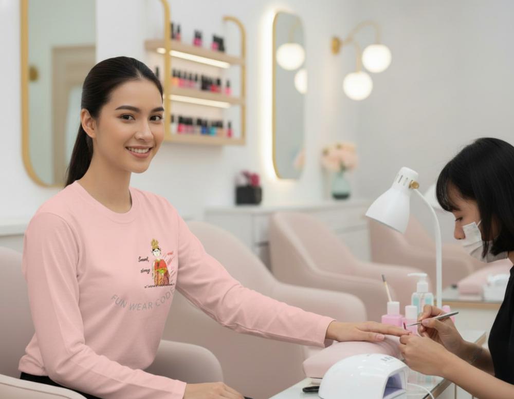 Woman wearing a light pink sweatshirt with a Thai lady graphic design and text 'FUN WEAR CODE', getting a manicure in a nail salon with another woman applying nail polish.