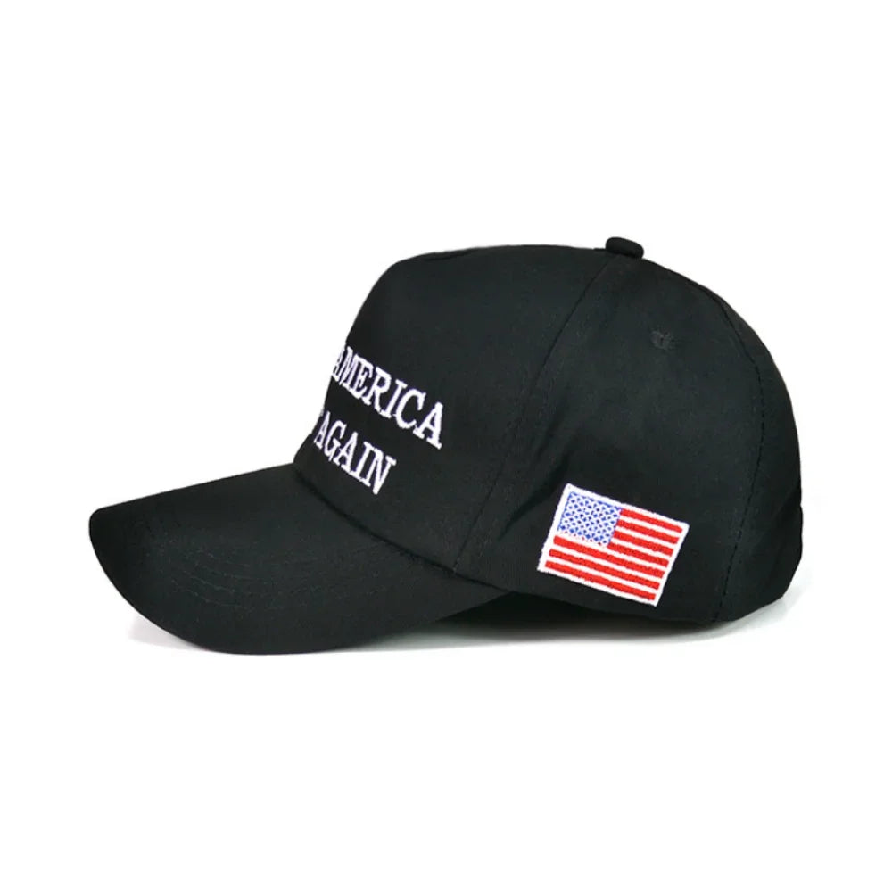 Black cap with 'Make America Great Again' text and American flag patch on a white background
