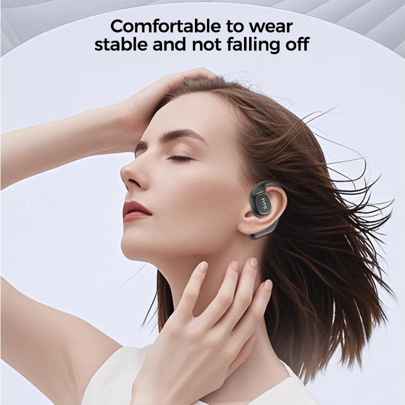 Woman wearing a wireless earbud with text indicating comfort and stability