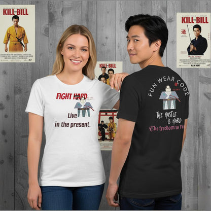 Two people wearing t-shirts with samurai graphic design and motivational phrases, with posters of 'Kill Bill' in the background.