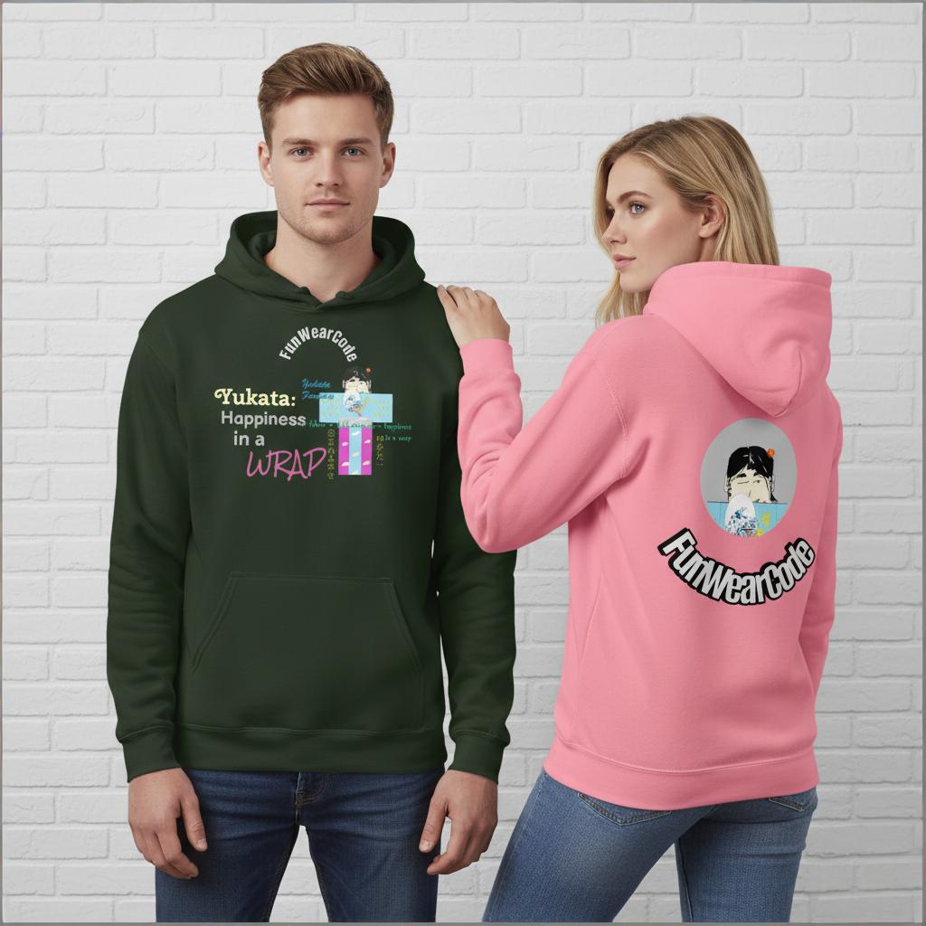 Two people wearing 'Fun Wear Code' branded hoodies with a yukata graphic design and text on a white brick wall background