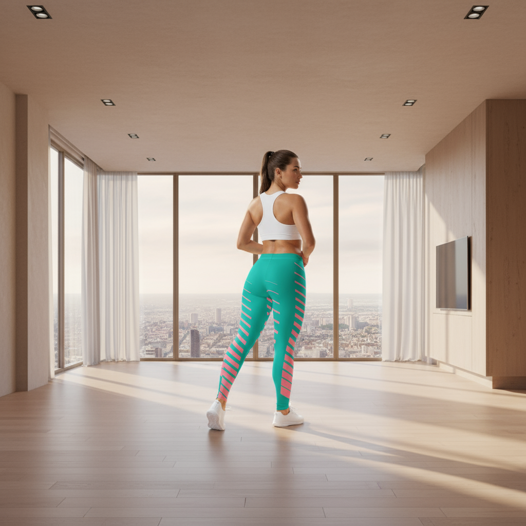 Woman in athletic wear standing in a modern room with large windows