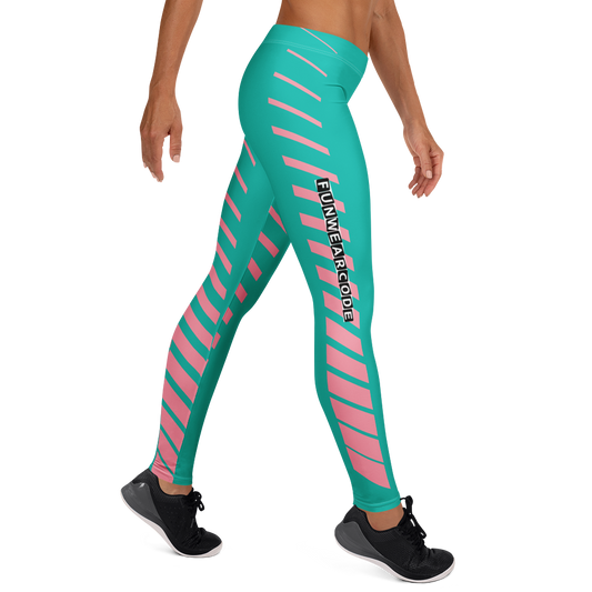 Teal and pink striped leggings with brand logo 'Funwearcode' on a white background