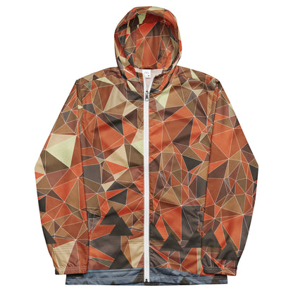 A multicolor geometric patterned windbreaker jacket with a hood on a white background