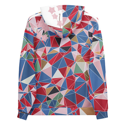 Colorful geometric patterned hoodie with cherry blossoms graphic on a white background