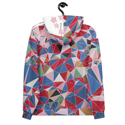 Colorful geometric-patterned hoodie with cherry blossoms graphic on a hanger against a white background