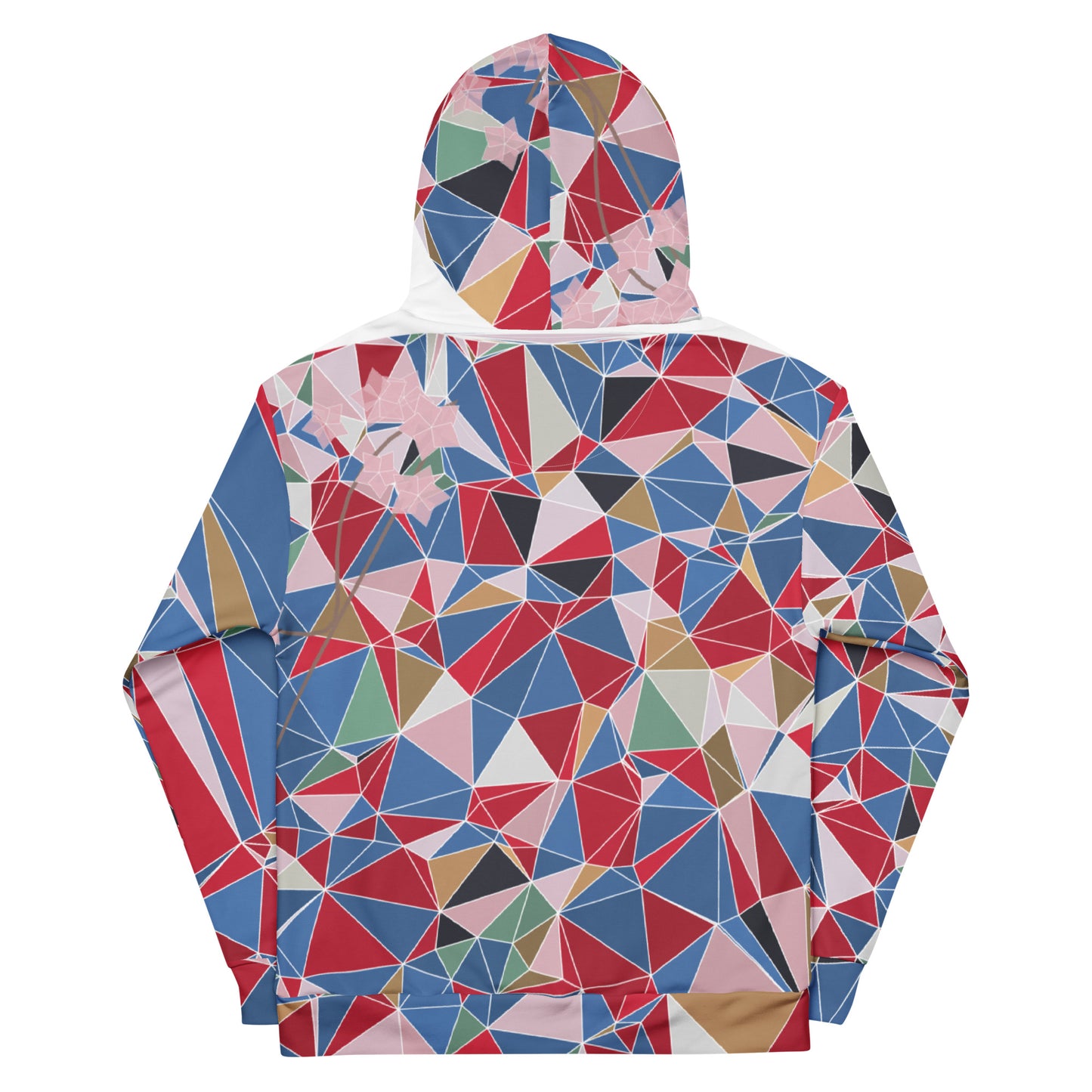 Colorful geometric patterned hoodie with cherry blossoms graphic on a white background
