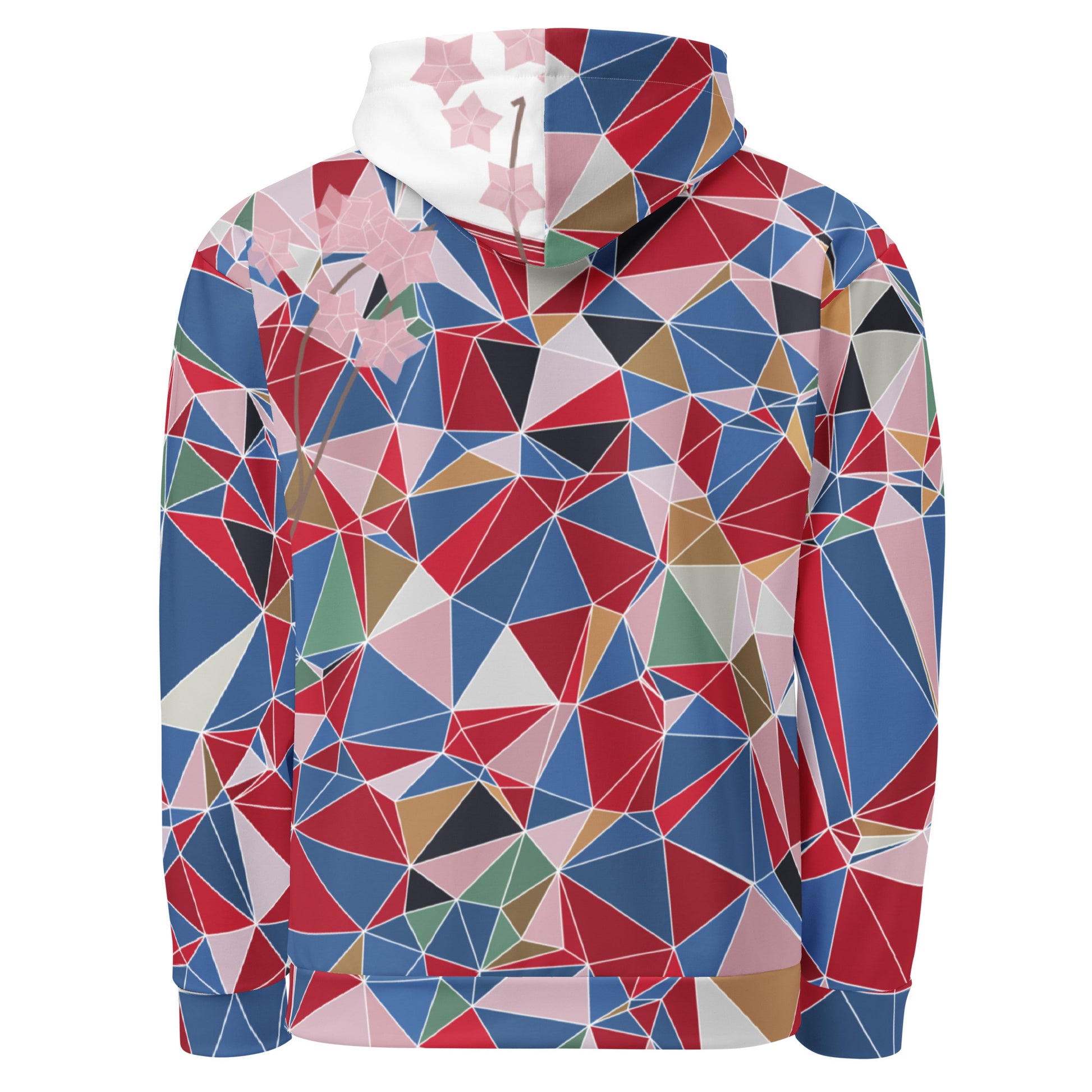 Colorful geometric patterned hoodie with cherry blossoms graphic on a white background